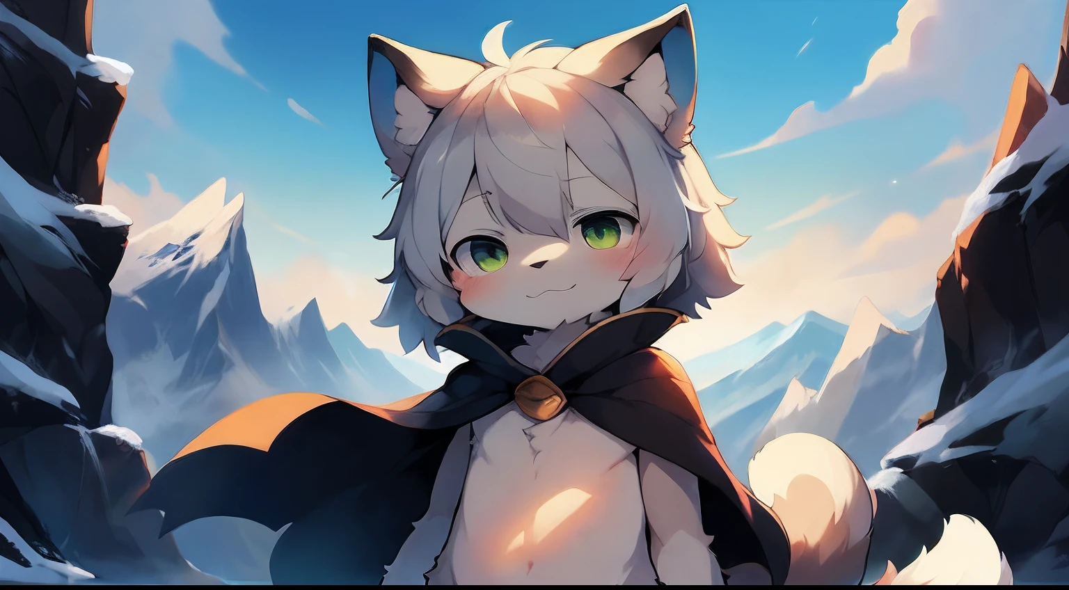(Bright environment:0.8),Masterpiece,High quality,abstract res,Digital painting\(artwork of a\), by Dagasi, Yupa,Kiyosan,(anthro,Fluffy fur,Character focus:1.1),anthro male cat,Short hair,Portrait , eyes with brightness, in a panoramic view, Character focus.(mountainside,blue-sky:0.7), (solo:1.2), shaggy, Furry boys,Cute face, (big Silver cape:1.2),Look at the screen,(Full Body Furry, Fluffy tail, White fur,A pair of ears,The character is on the right, Dark blue ear tip ,Green eyes, Gray hair:1.2), (felid：1.2）,standing in the top of mountain with snow,