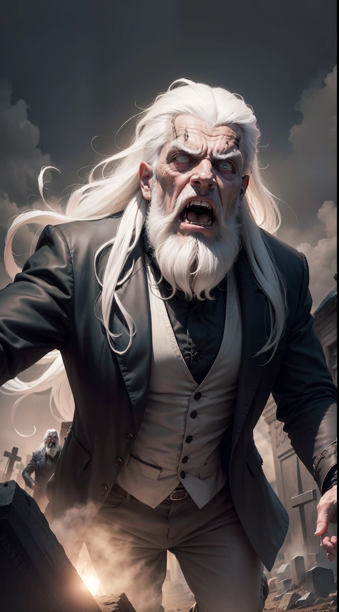 a very scared older man looking up with wide shocked eyes, full of fear, running for his life, he is (The Grave Digger), with long white hair and beard, horror, fear, terror, dark, frightening, solo, fog, fall weather, dusk, his mouth is open, screaming, yelling, grave yard, 1600s