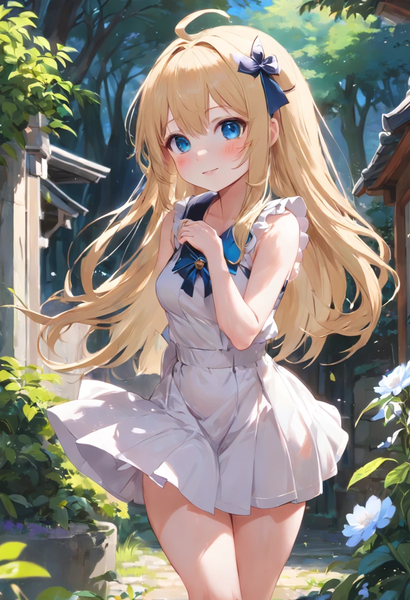 Cat-eared girl in white dress standing in garden, BREAK,Blonde long hair,blue eyes,(((Sleeveless))), smiling mischievously, cleavage of the breast,(((Pull up your skirt to show your panties))),loli in dress, small curvy loli, (Chibi:1.3), artwork in the style of guweiz, guweiz on pixiv artstation, guweiz on artstation pixiv, guweiz, small li girl, soft anime illustration, Anime visuals of cute girls, Detailed Digital Anime Art