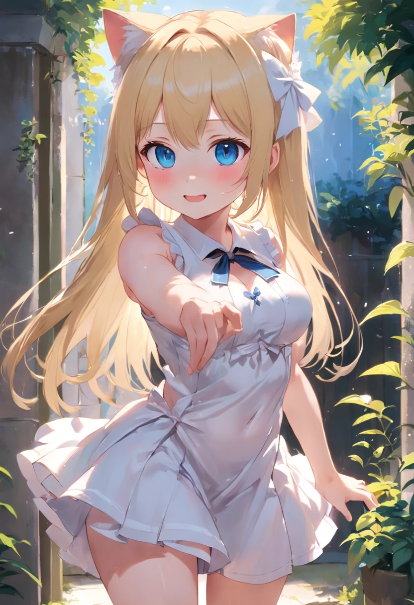 Cat-eared girl in white dress standing in garden, BREAK,Blonde long hair,blue eyes,(((Sleeveless))), smiling mischievously, cleavage of the breast,((Pull up your skirt to show your panties)),loli in dress, small curvy loli, (Chibi:1.3), artwork in the style of guweiz, guweiz on pixiv artstation, guweiz on artstation pixiv, guweiz, small loli girl, soft anime illustration, Anime visuals of cute girls, Detailed Digital Anime Art