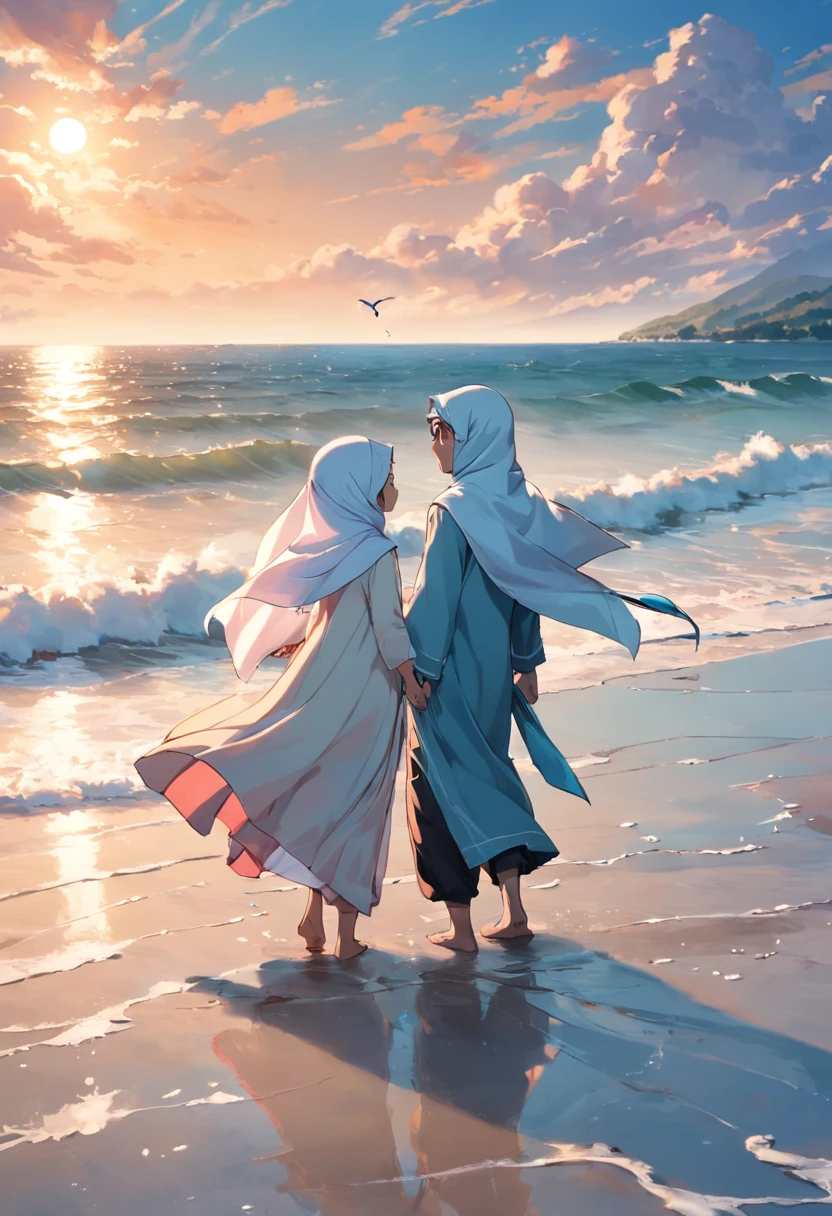 there are two people standing on the beach with a kite in the sky, in a sea, at the sea, happy couple, background is heavenly, on the ocean water, muslim, couple, by Basuki Abdullah, the ocean in the background, taken with canon eos 5 d, white hijab, full protrait, full lenght shot, ocean in the background