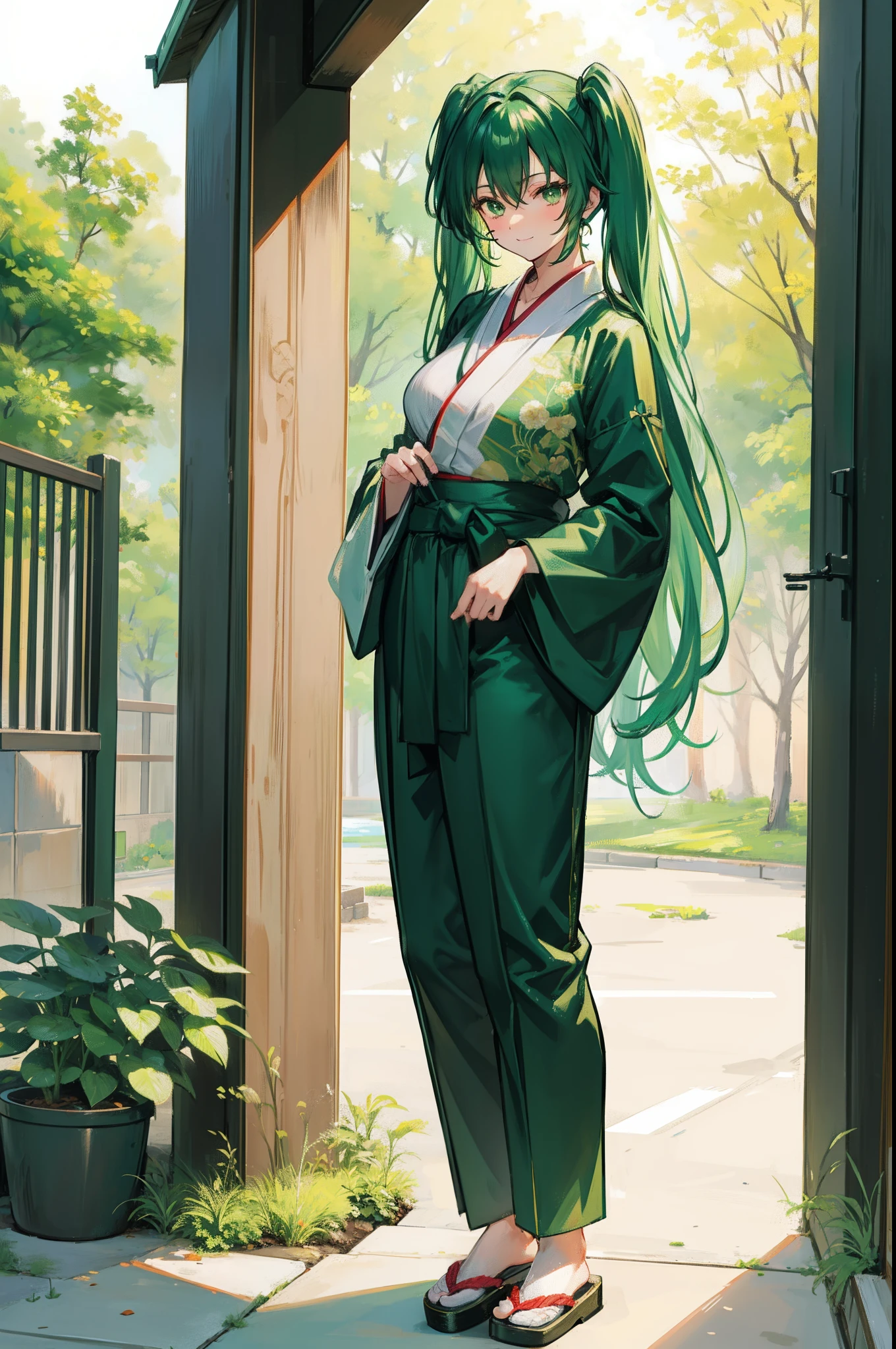 RYOFU HOUSEN IKKI TOUSEN GREEN HAIR TWINTAILS GREEN EYES, pants, pullover, , standing, monk, kimono, smile, full body