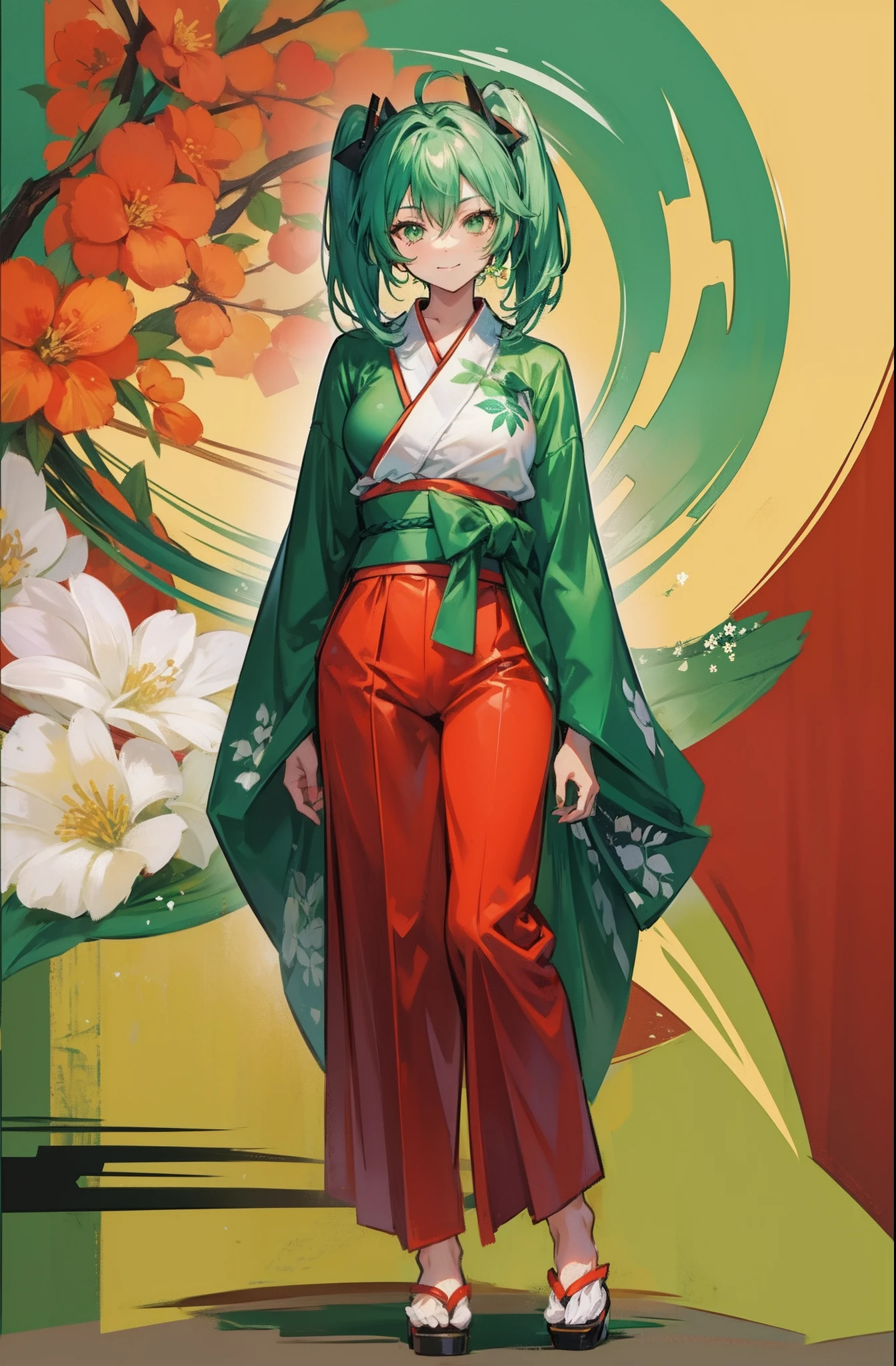 RYOFU HOUSEN IKKI TOUSEN GREEN HAIR TWINTAILS GREEN EYES, pants, pullover, , standing, monk, kimono, smile, full body