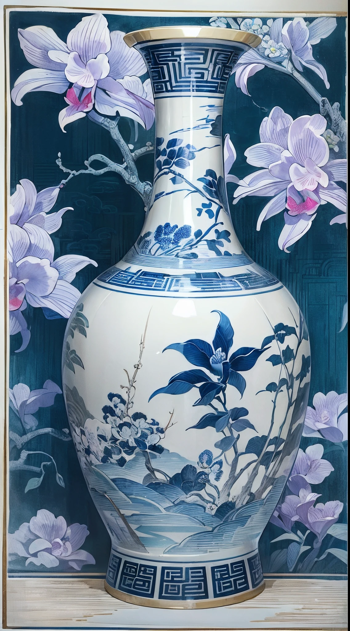 best qualtiy,8K,(Blue and white porcelain style:1.4),Chinese porcelain,{1 vase},The body of the bottle is coated with orchids、clubs,without humans,Most detailed,Chinese ink painting,清晰的线条,Clear texture,simplebackground,