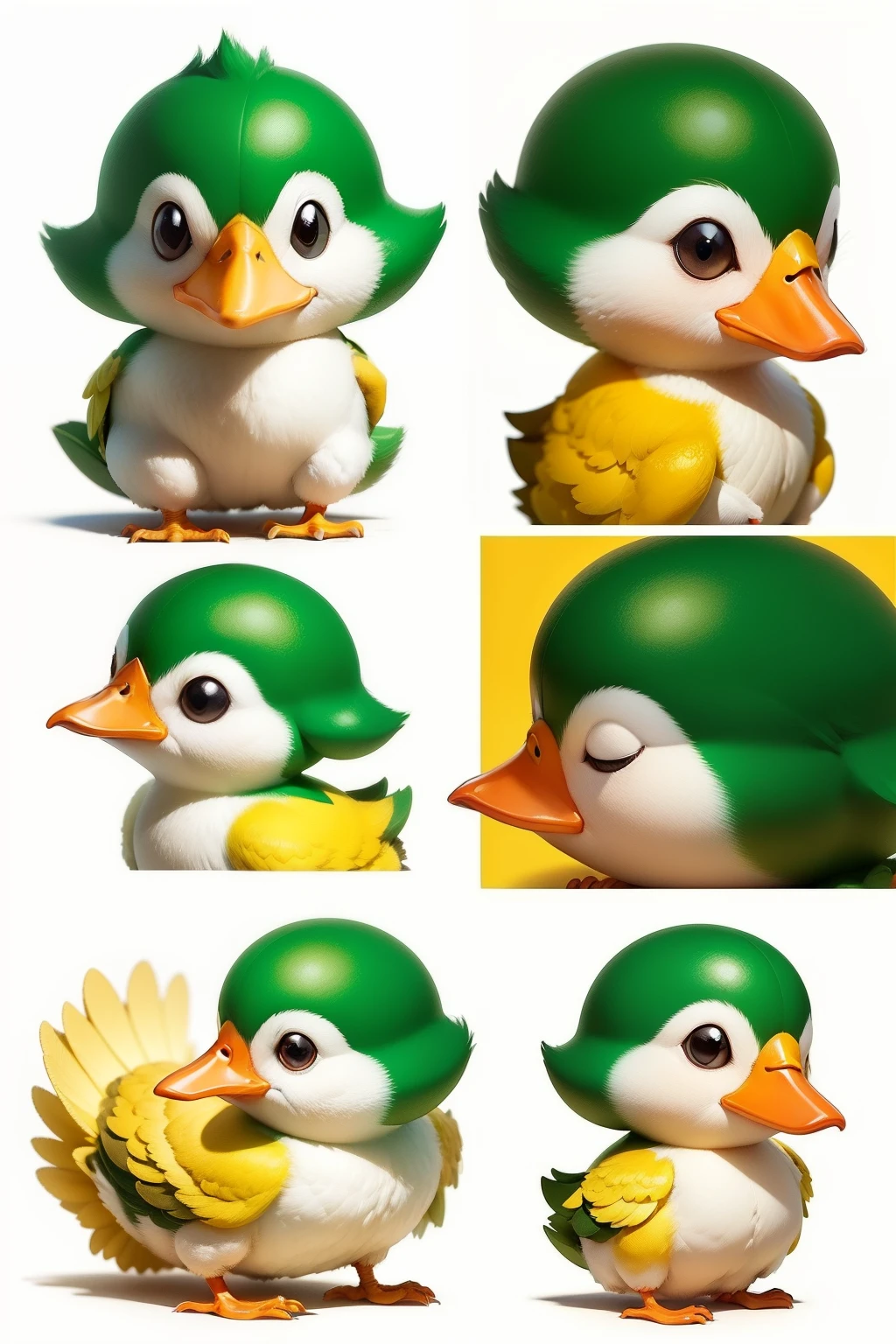 um pequeno pato, various poses and expressions on a white background, childish illustration style, simples, fofo, adulto, da cor amarela