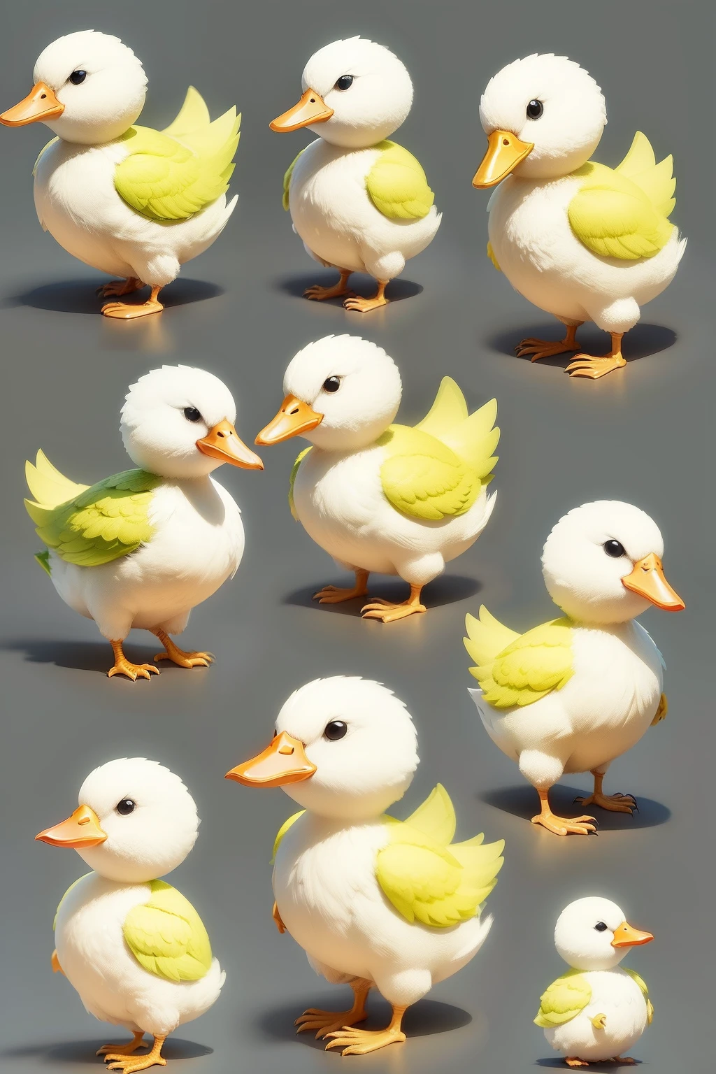um pequeno pato, various poses and expressions on a white background, childish illustration style, simples, fofo, adulto, da cor amarela