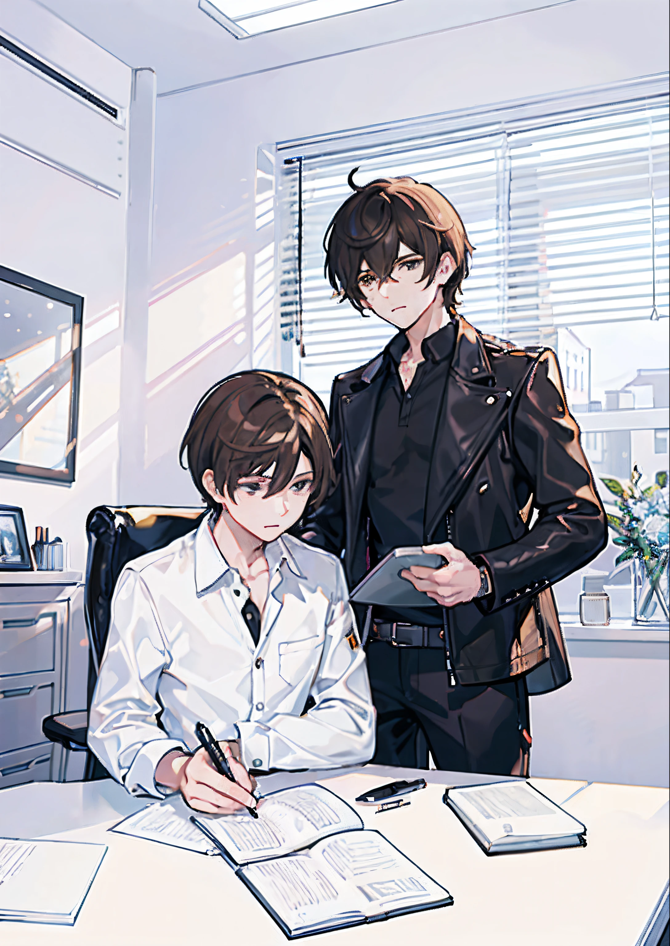 ((masterpiece)),((best quality)),A handsome short haired young man wearing a black leather jacket and a handsome brown haired young man writing in a white shirt, covering a beautiful novel,multiple boys, 2boys, male focus, shirt, jacket, white shirt, indoors, black hair, paper, brown hair, window, sitting, holding, blinds, black jacket, black shirt, short hair, chair, pen, long sleeves, book, closed mouth, open clothes, collared shirt,Ultra high-definition 8k sharp details, incredibly clear edge pixels, rich colors and structure