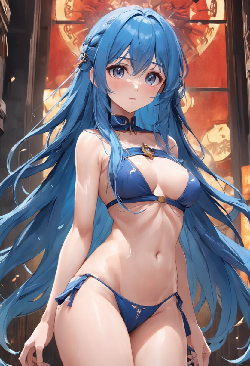 The best quality, high resolution, detailed 4k CG, masterpiece, amazing art, fine details, high details, complex details, blue long hair, girly feeling, big eyes, pure desire, lovely, young and beautiful，Beauty with pubic hair，Expose navel，Shy girl，Big chest，Untidy clothes