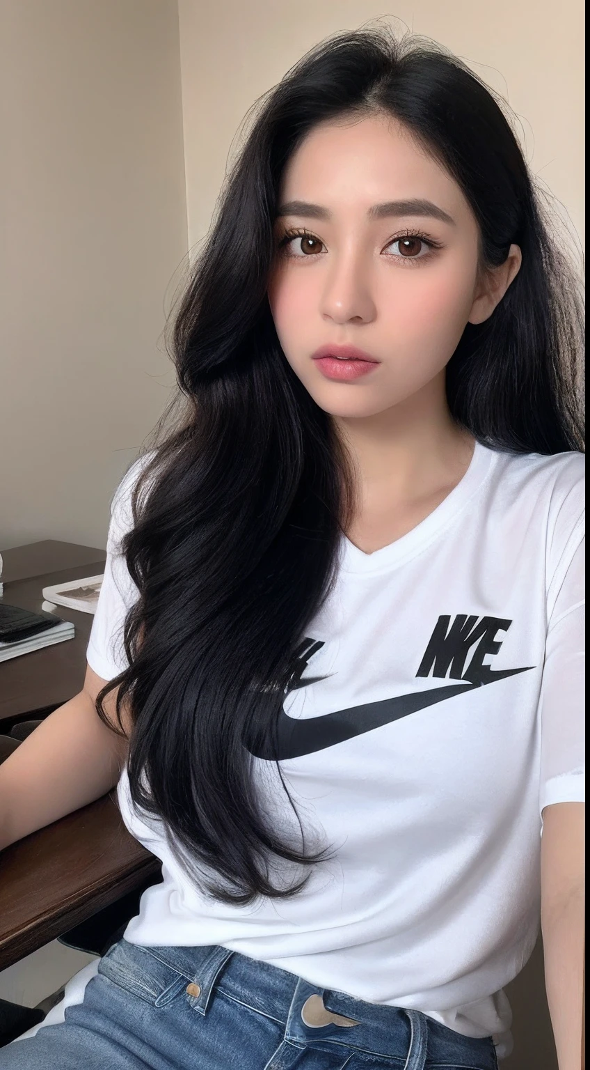 Best quality, 8k, masterpiece:1.3)), pretty arabic woman:1.3, (long black hair:1.1, white nike tshirt, jeans, cute expression , dark skin,sit in a desk, pc, room , Ultra-detailed face , detailed eyes, Double eyelid, cool Instagram post, ultra realistic