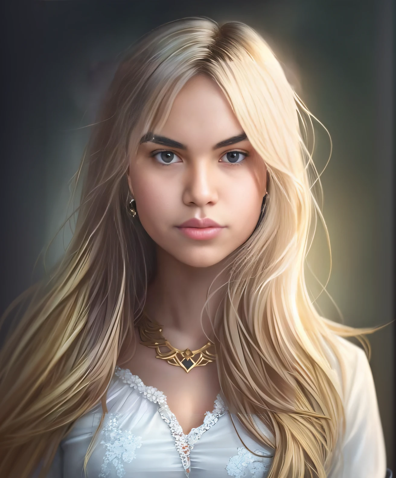 um close up de uma mulher com longos cabelos loiros e um colar, pintura digital realista, lindo pintura digital, pintura digital impressionante, No estilo de arte de Bowater, pintura realista da bonito, retrato de fantasia digital, retrato da arte do personagem, pintura digital bonita, arte digital muito realista, retrato feminino realista, retrato da arte da fantasia, pintura digital fotorrealista, retrato detalhado do caractere