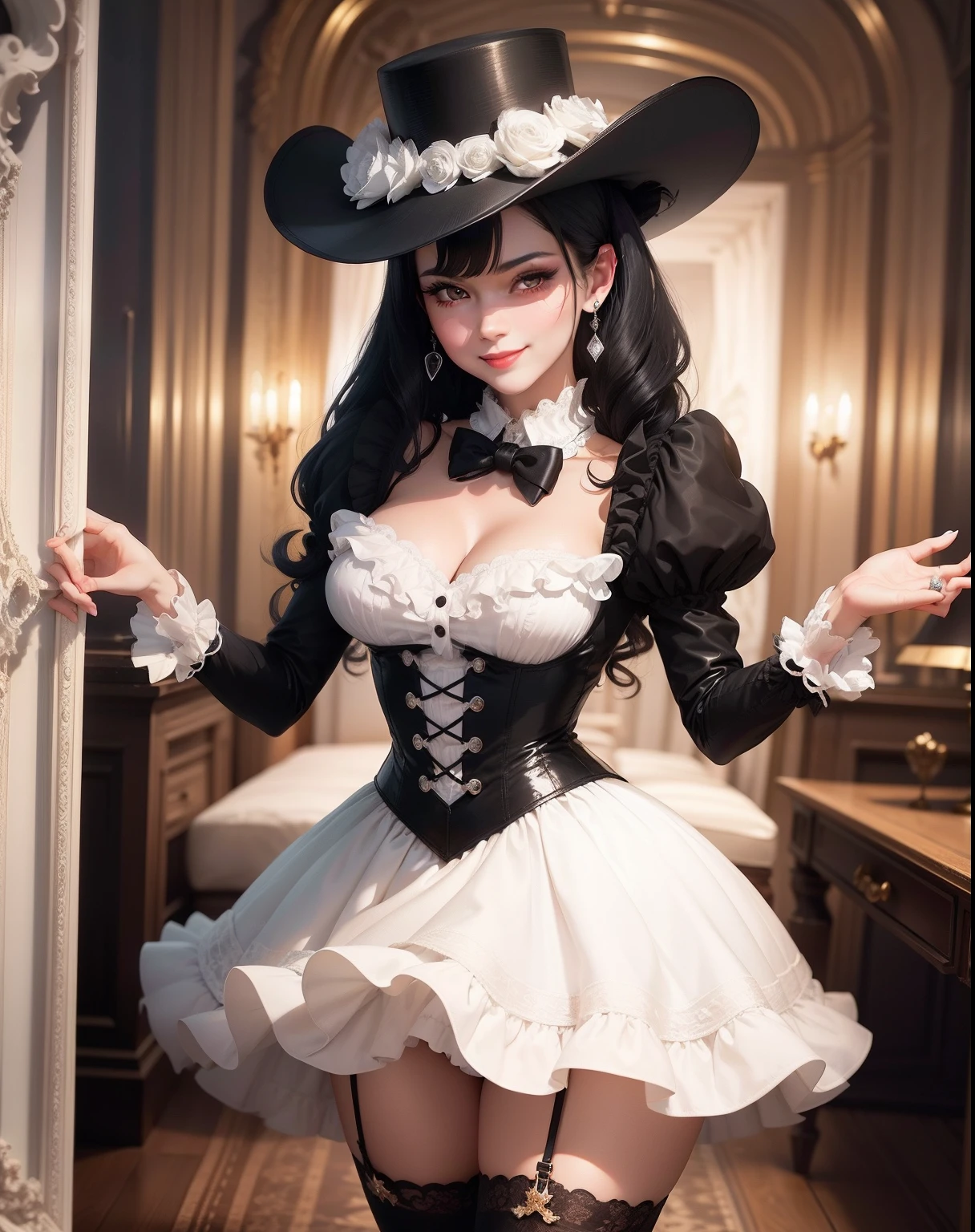 black hair, mini top hat, heart-shaped pupils, heart earrings, smile, black lence stockings, Short white dress, prostico style, high detail, modern, bloom, image fill, stereogram, cowboy shot, first-person view, framed, foreshortening, diffraction spikes, 8k, super detail