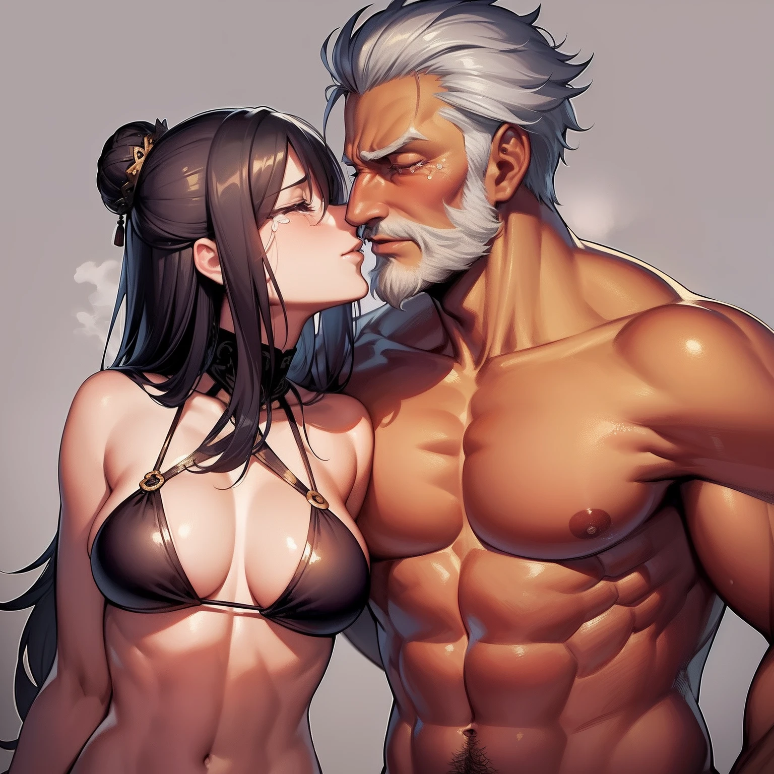 emperor ( arrogantly, handsome old man, shirtless,age 50,beard,muscular , closing eyes ) with a passionate hug and kissing a beautiful girl (sexy,age 20 ,slim, glow skin, very embarrassed by the person in front of him, covered her breasts with her hands but it was difficult because she had to hold the old man's stomach to comfort him with her other hand (bare breasts,tears )with a passionate hug and kiss face, an ancient china royal ornament,good looking.