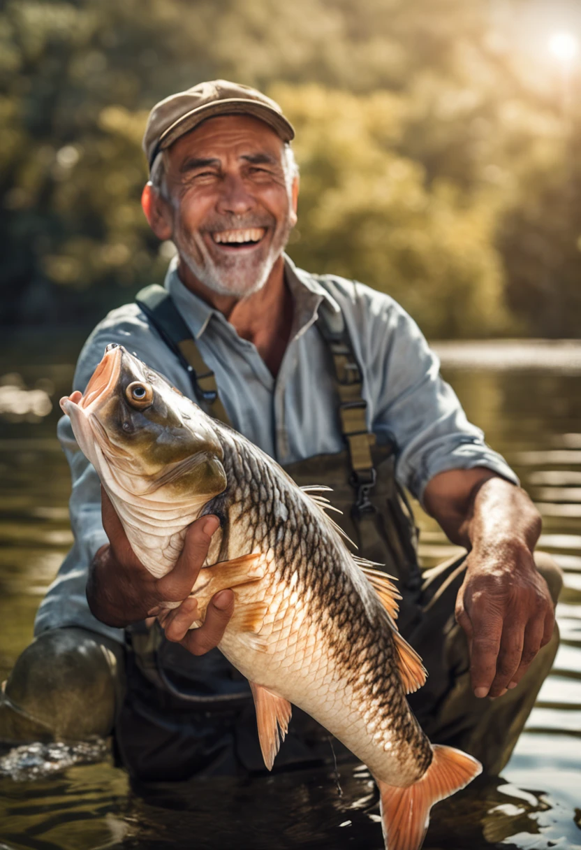 a cheerful fisherman, white race, holding a masterpiece carp, a pond in the background, photorealistic, beautiful lighting, best quality, realistic, intricate details, depth of field, highly-detailed, bright day