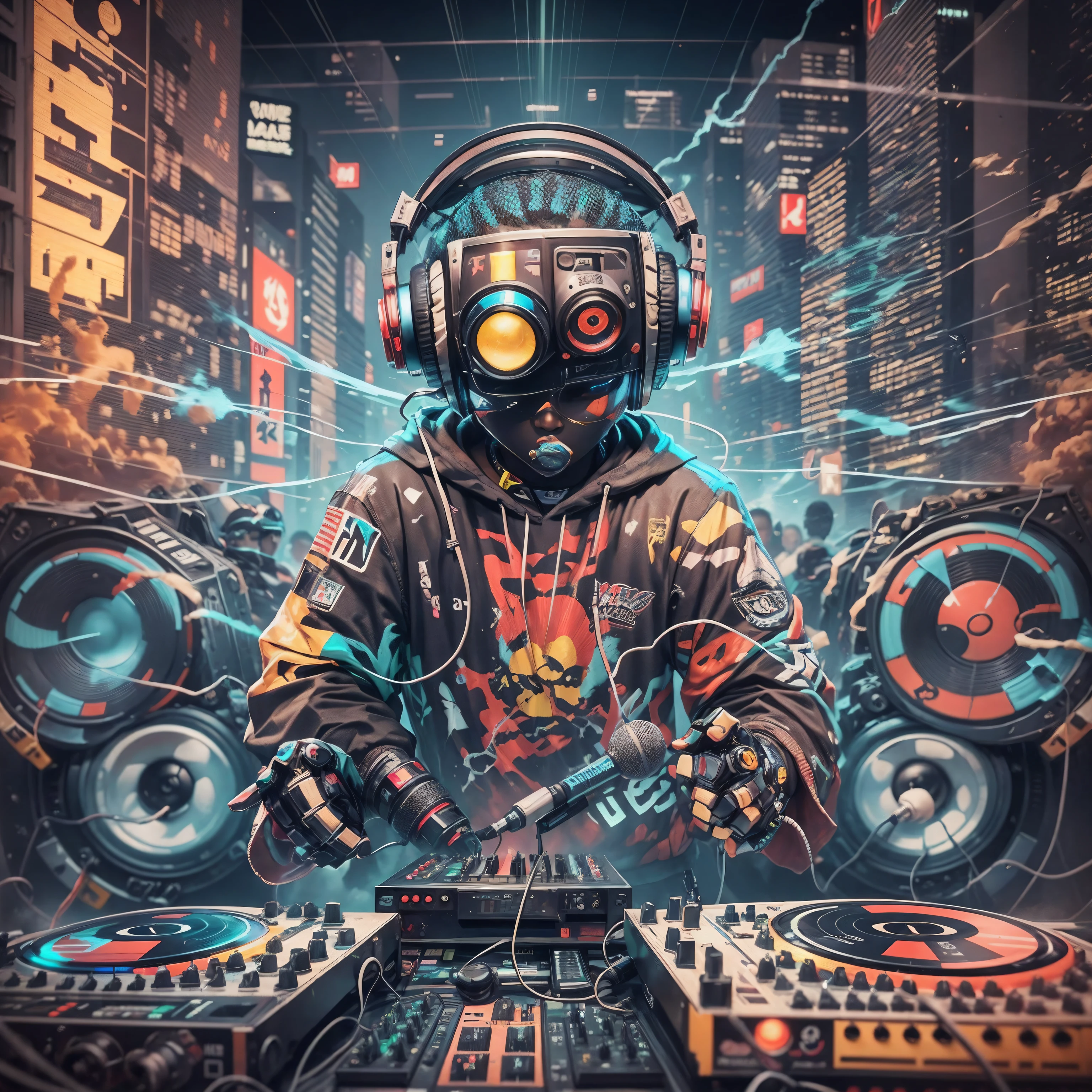 robot, japanese, cyborg, loudspeaker, vinyl, rapper, dj, A logo, headphones, keybord, beatmaker, HIPHOP, stage, street, colorful rays collide and merge, microphone, audience, japan, detailed background, electricity