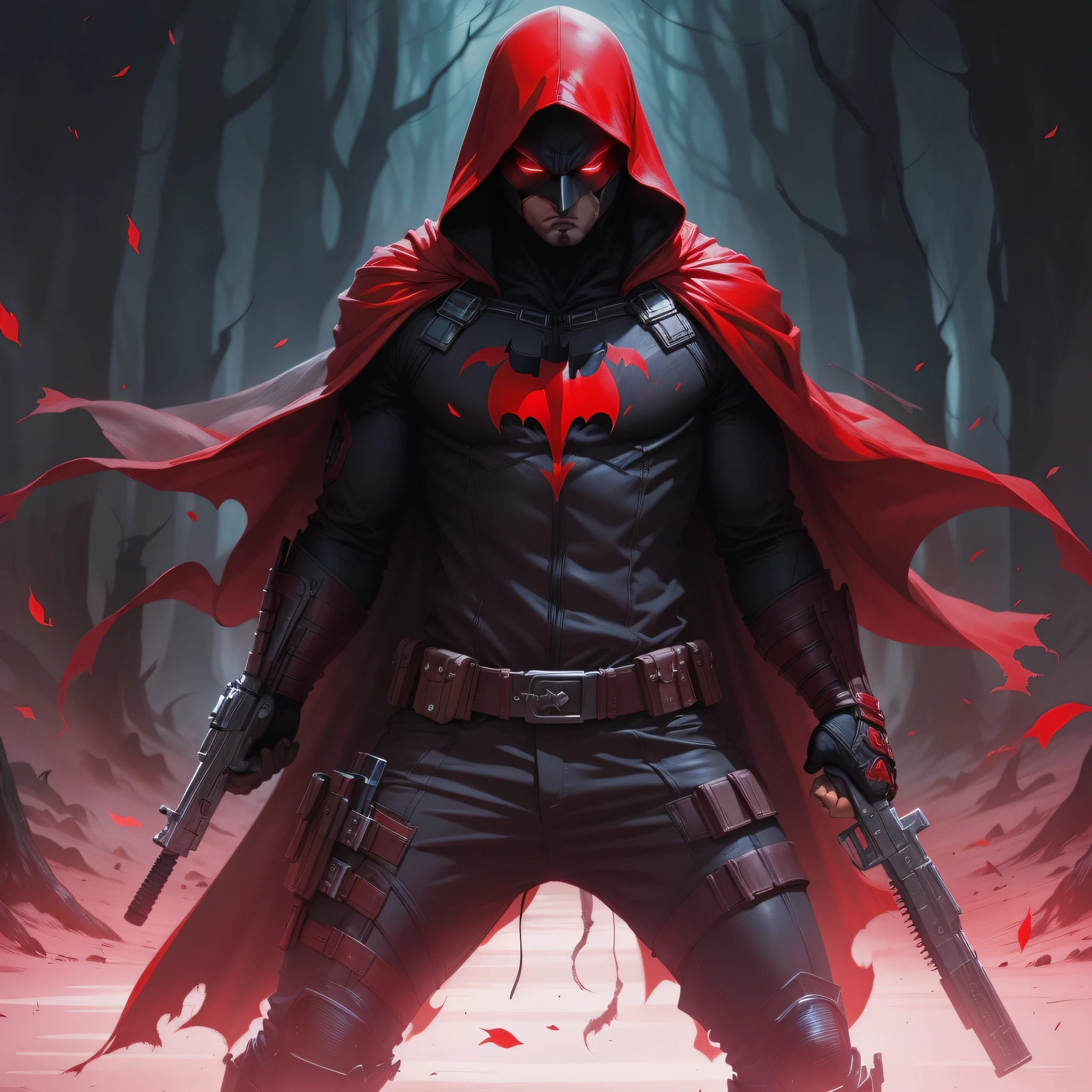 Batman with a red hood with two guns standing in a dark forest, cosplay capuz vermelho, Capuzes vermelhos, filho vermelho, Capa e capuz vermelho e preto, sem texto, Guilherme H. Pongiluppi, O Ninja Vermelho, mago com capuz vermelho, Senhor Sith encapuzado encapuzado, Capa vermelha, Estilo de Raymond Swanland, capuz e capa, uma capa vermelha