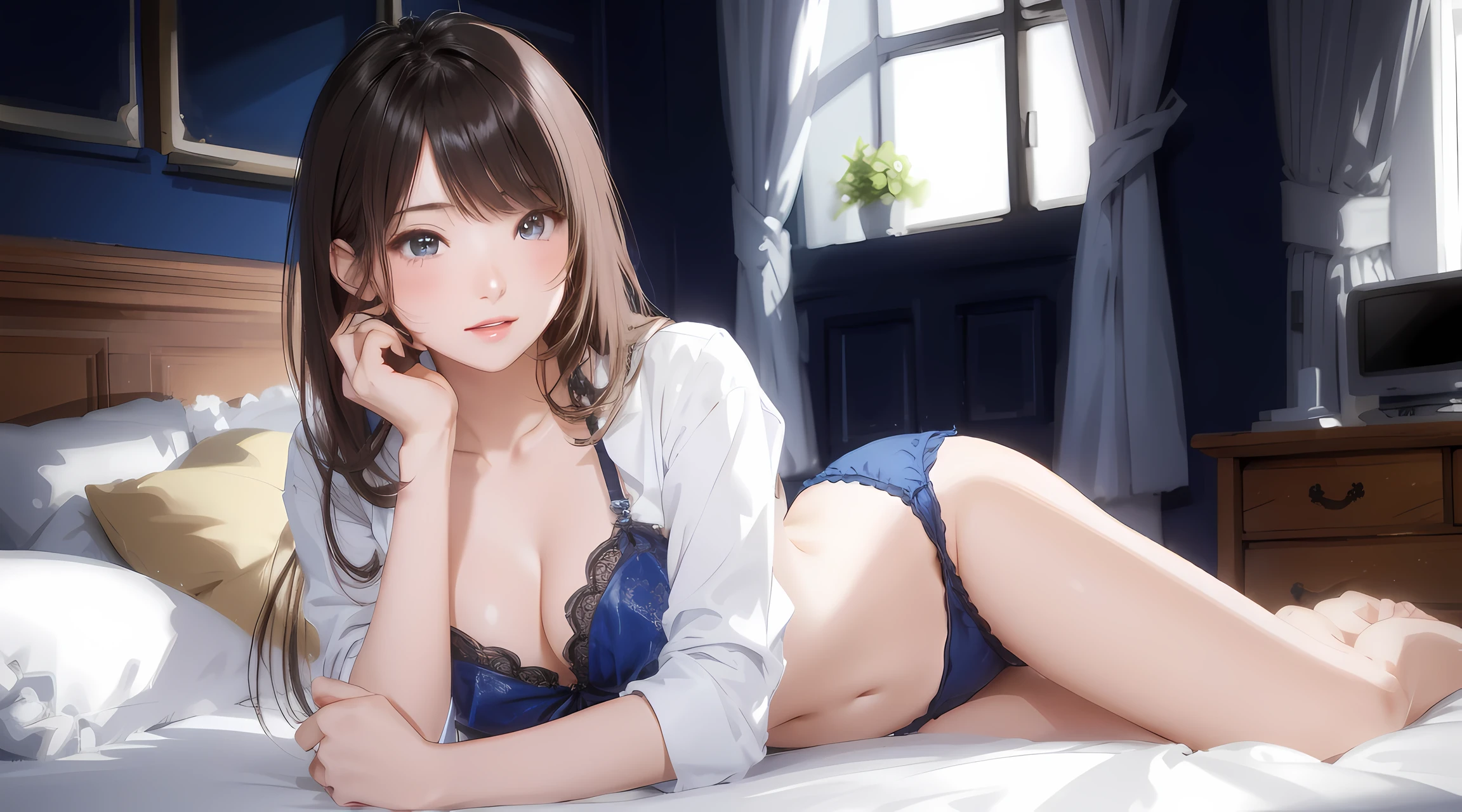 (Realistic: 1.6), (Soft Focus: 1.5), Sleeping girl, 26 years old, realistic, she is wearing blue panty, she is wearing blue pajama, she is wearing blue bra, DETAILED, MASTERPIECE, smooth skin, glowing long brown hair, soft lips, rich lighting, room lighting, cinematic lighting,(pink blush), [[open legs, spread legs]], (solo), dynamic pose, ((erectnipples)), (female pubic-hair), (slim legs)