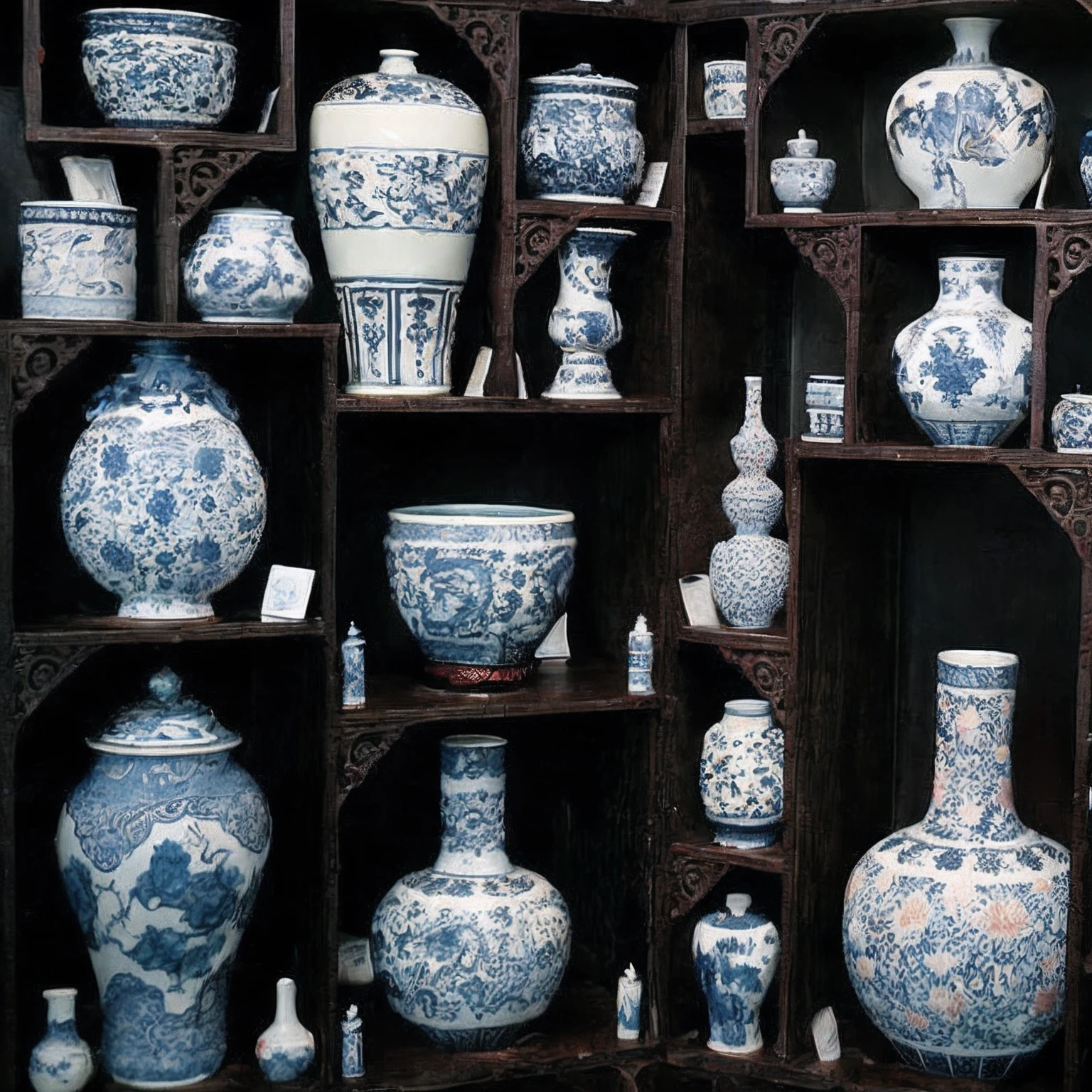 Many blue and white vases are displayed on the shelves, chinese blue and white porcelain, delftware, Chinese art, porcelain, Museum collection, author：Wen Boren, Blue and white, asian art, Japan pottery, ancient chinese ornate, ancient china art style, Ming dynasty, Traditional Chinese art, traditional chinese textures, author：Frederick Vermelen