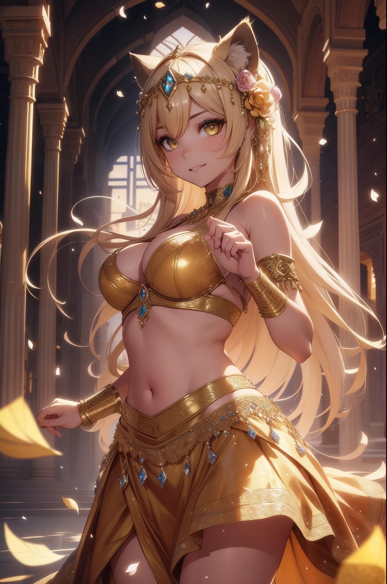 (Masterpiece), (best quality), hight resolution, ultra-detailed, (hyper detailed background, Detailed background), highly detailed, photorealistic, 1 beautiful and gorgeous girl, (cat ears), off-shoulder, North African Islam, Alhambra palace, (Islamic Africa:1.2), Colorful, in desert, Long Long Platina Bond Shining Hair, Big yellow crystal eyes, smile, ((dancing Arabian dance)), light, broken glass, a girl with a pet lion, (shining brightly), ((dazzling)), (floating a lot of flower petals, ((3D)),