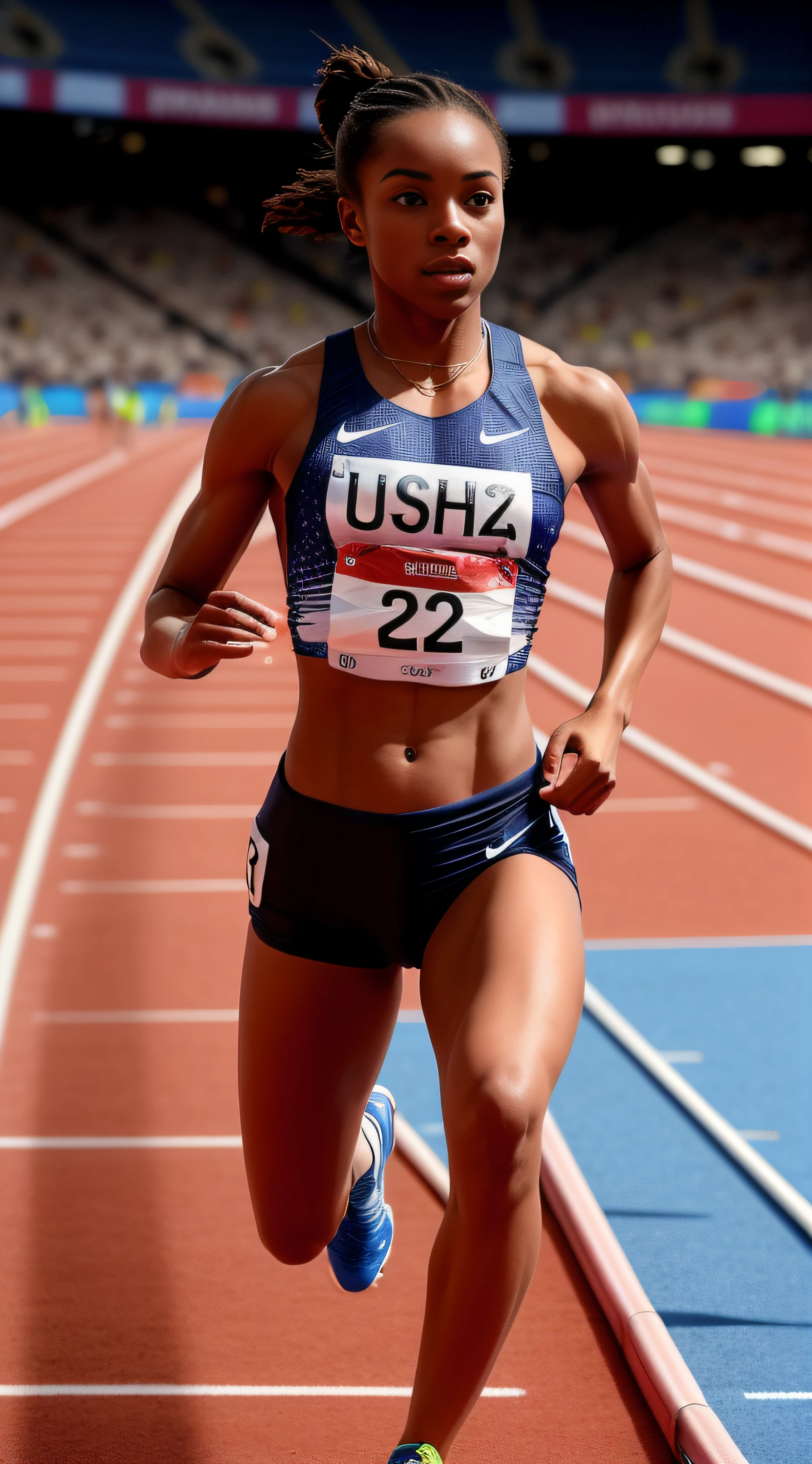 Two naked male and female track and field athletes running