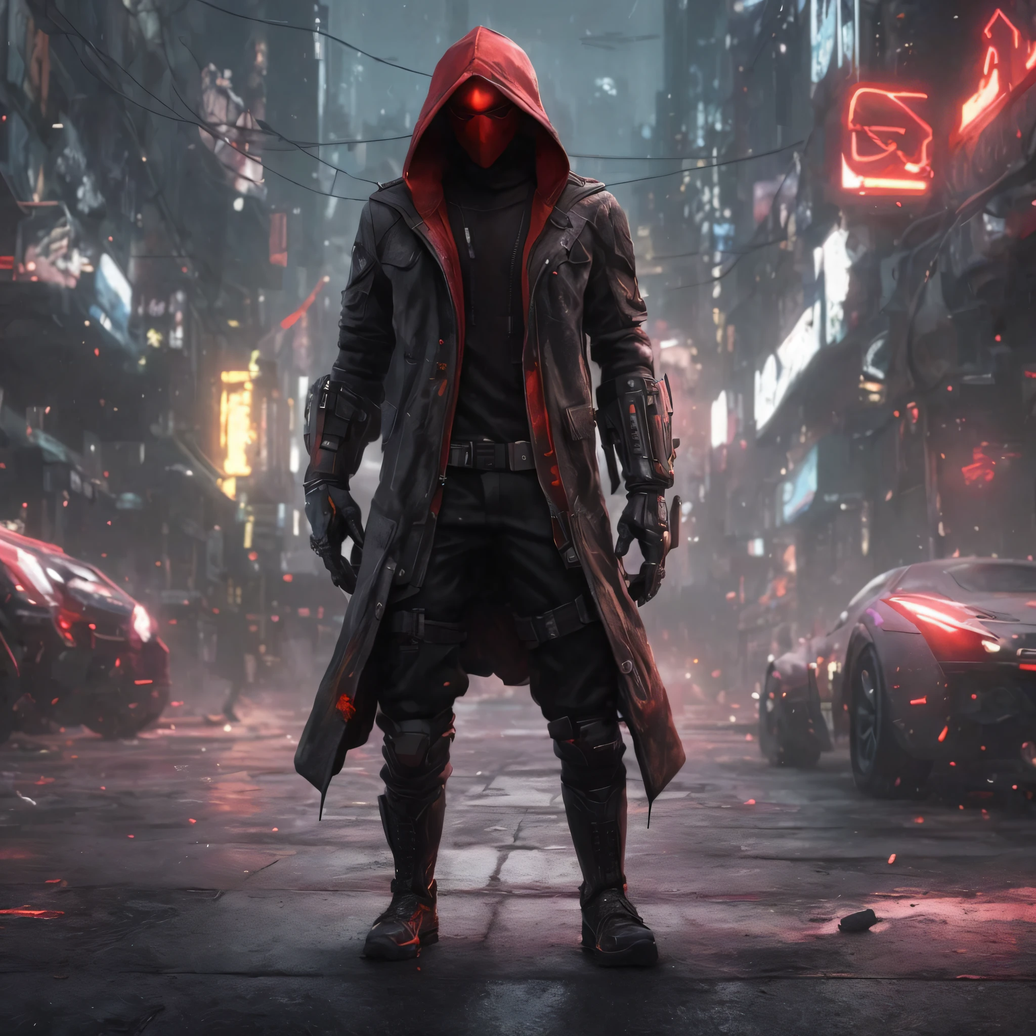 Image of a man in a hooded jacket standing on a city street, assassino cyberpunk, Cyberpunk Rua Goon, estilo de cyberpunk, cyberpunk hero, Cyberpunk Streetwear, tem estilo cyberpunk, roupas cyberpunk, arte do personagem cyberpunk, estilo cyberpunk horror, cosplay capuz vermelho, arte de fantasia sombria cyberpunk, personagem cyberpunk, cyberpunk sombrio, roupa cyberpunk, roupa estilo cyberpunk, Cyberpunk Negro