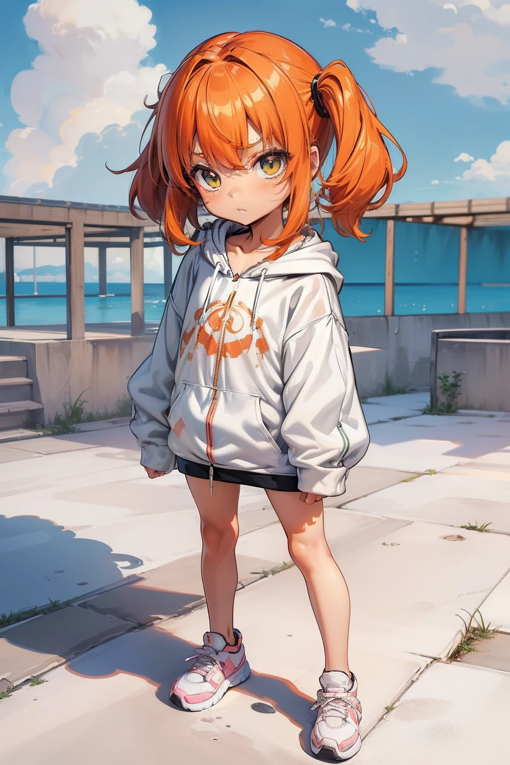 6-year-old girl, ((Little girl:1.2)), Layered Twintail orange Hair, green eyes, ((slender legs:1.4)), ((Skinny:1.2)), ((child:1.5)), Petite, flat chest, No chest, ((bare legs:1.2)), immature, (((oversized cotton Zip Hoodies:1.2))), (loli), Large Sneakers, anguish, rooftop, Delicate Beautiful Attractive Face, gleaming skin, ((oily skin)), (Highest Quality, Amazing Details:1.25), (Solo:1.3), Best Shadows, super detailed skin, perfect anatomy, masterpiece,