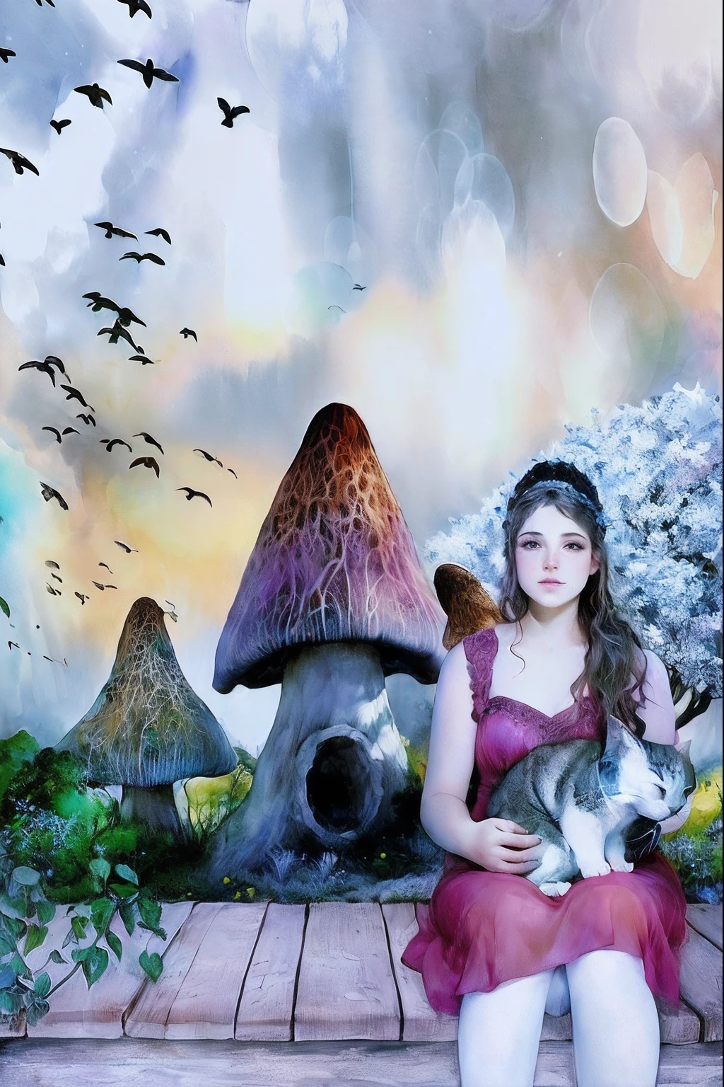There is a woman sitting on a bench with a cat and a mushroom, Magical fairy background, with magical creatures, fantasy fairytale story, Perdidos em uma paisagem de fadas sonhadoras, inspirado em Alison Kinnaird, fae adolescente, atmosfera de fadas, Aquarela de fantasia, magical forest backround, Fantasia pintura Aquarela, Aquarela tipo de oleo do personagem de fantasia, in the magical forest
