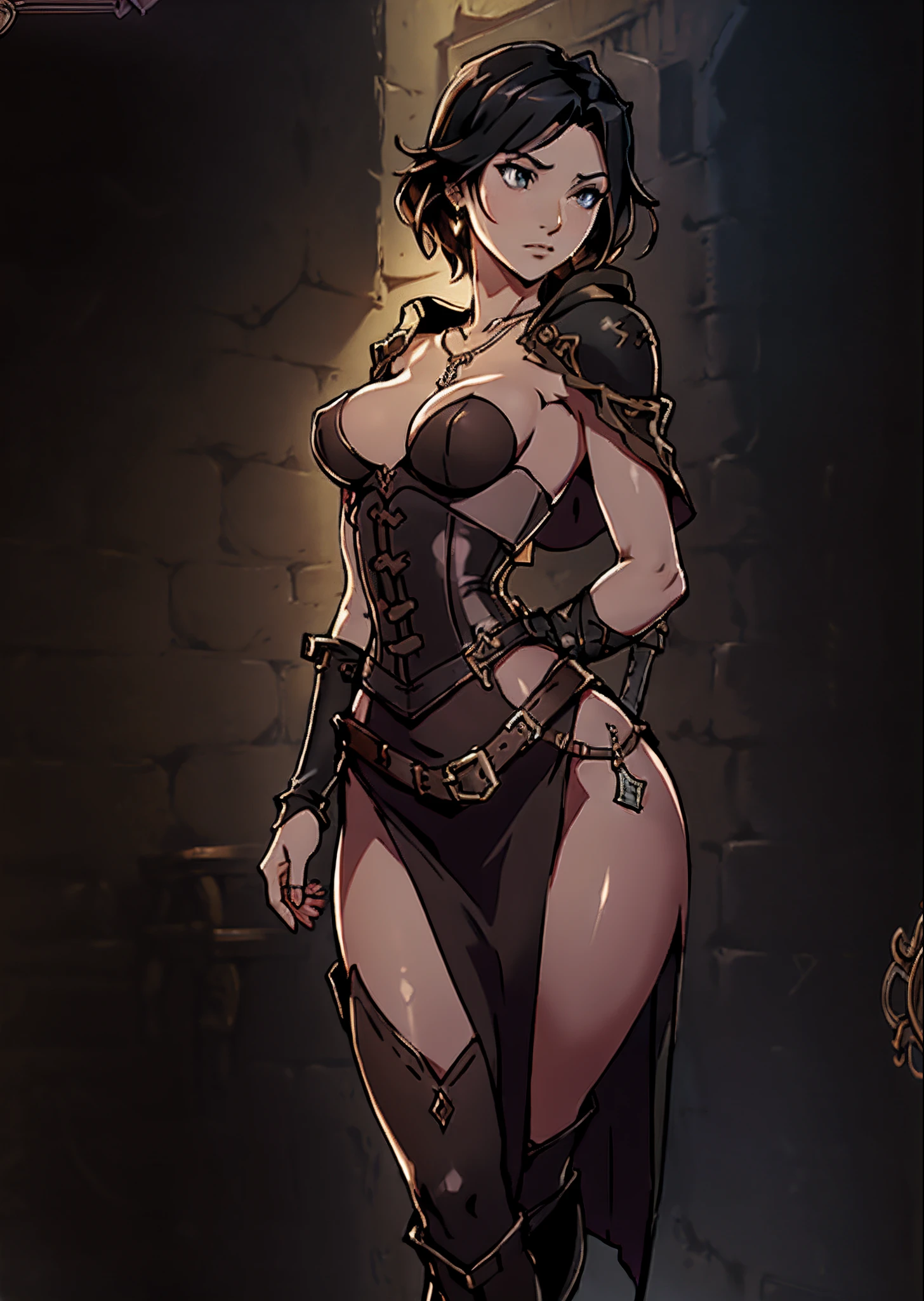 Game Art design, Octopath Traveler 2, 1girl, throne anguis, (solo:1.4), 1girl, black hair, medium breasts, cleavage, collarbone, corset, dagger, high heel boots, holding dagger, jewelry, knee boots, necklace, poncho short hair, side slit, dynamic pose, extremely detailed face and eyes, absurdes, shady back alley background