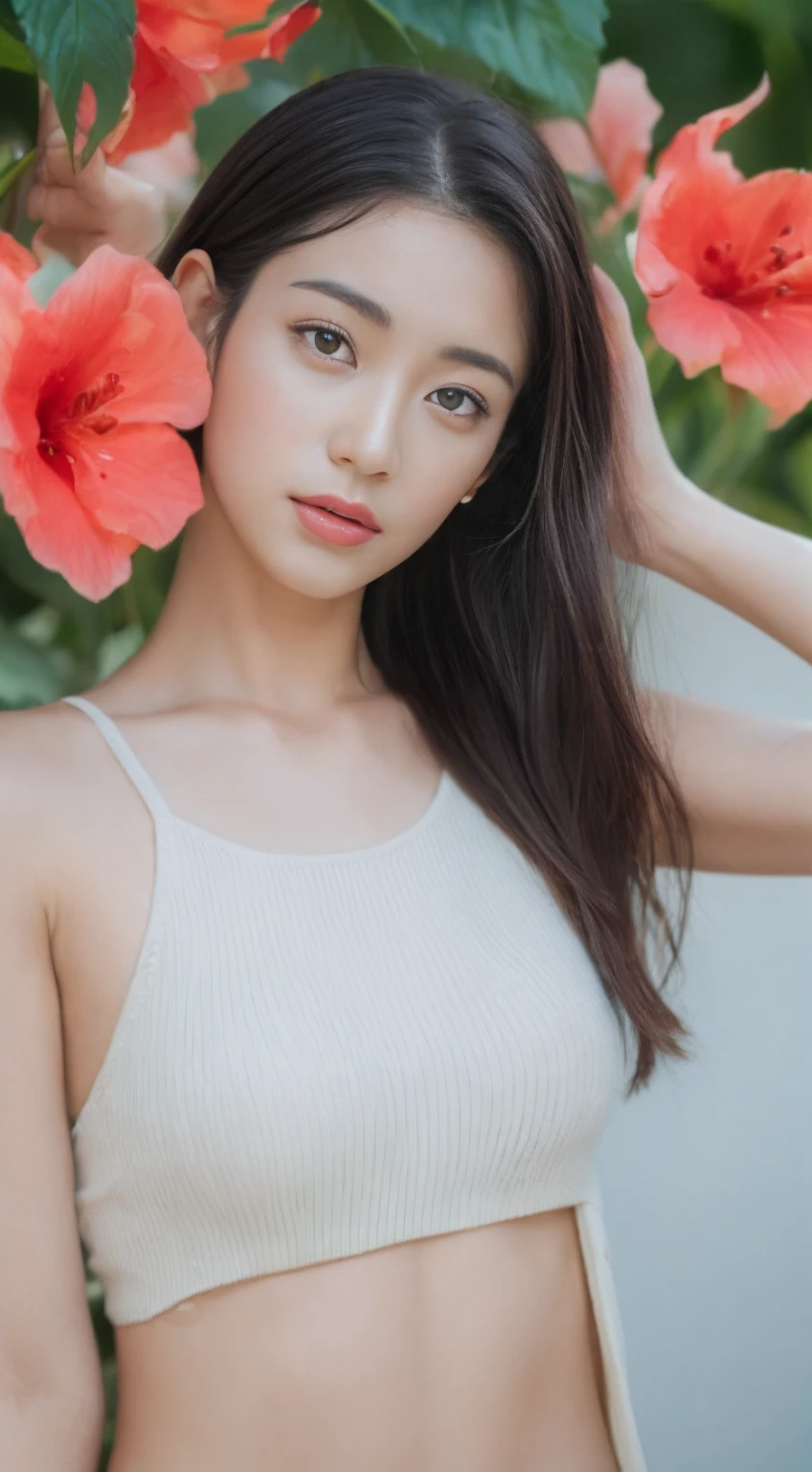 ((top-quality、8K、​masterpiece:1.3))、1girl in、Beautiful woman emphasizing slender abs:1.3、(Random Hair Styles:1.2)、Oversized tank top:1.2、Super Detailed Face、detailedeyes、二重まぶた、One Woman、portlate、Hibiscus background、