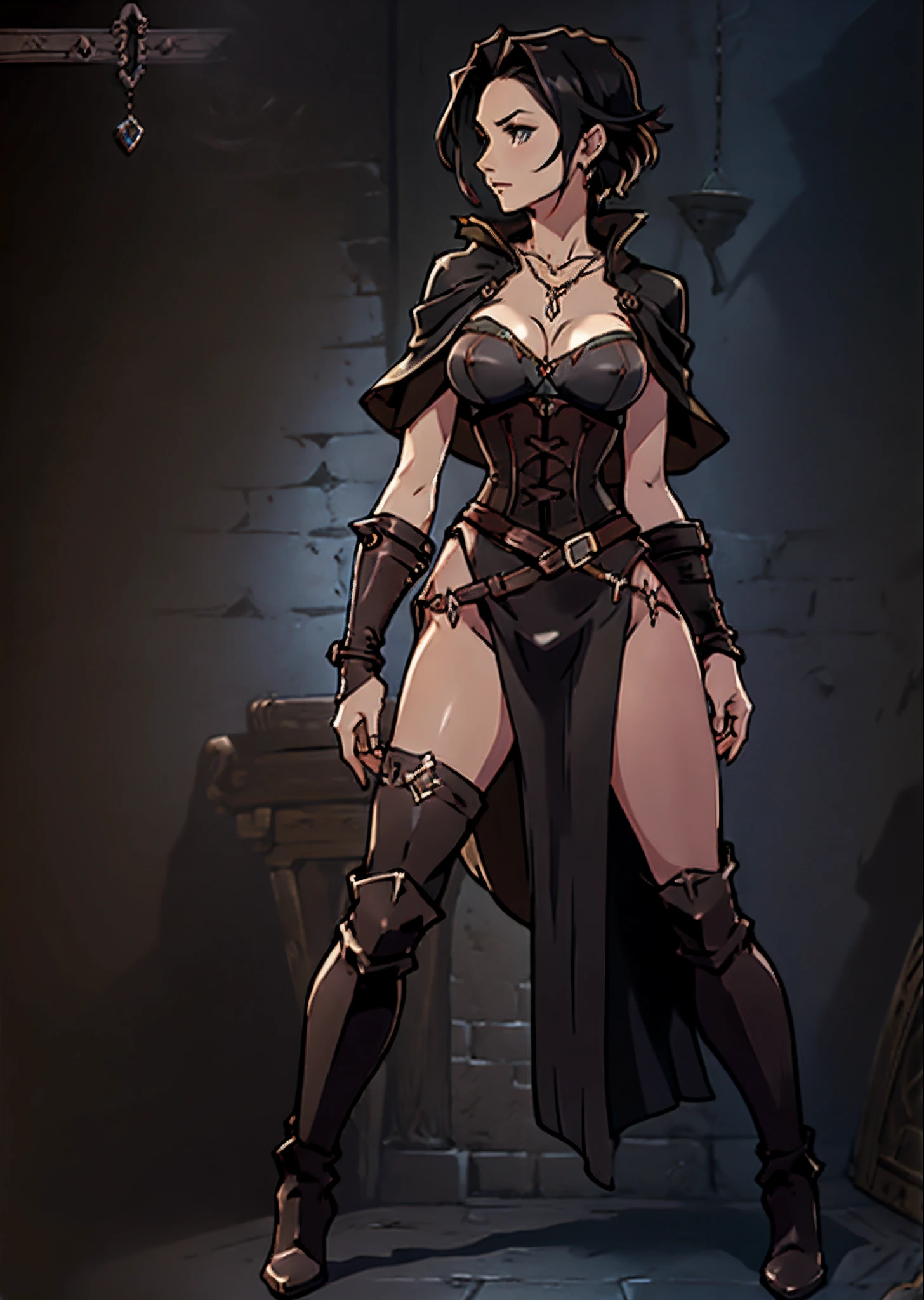 Game Art design, Octopath Traveler 2, 1girl, throne anguis, (solo:1.4), 1girl, black hair, medium breasts, cleavage, collarbone, corset, dagger, high heel boots, holding dagger, jewelry, knee boots, necklace, poncho short hair, side slit, dynamic pose, extremely detailed face and eyes, absurdes, shady back alley background