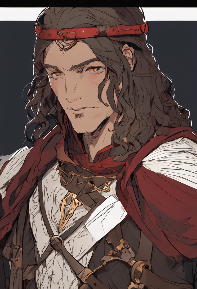 A medieval man with long brown hair and brown eyes. left half of his face has a scar . his clothes looks like a poor noble main part is red with specs of iron. iron belt. lether gloves