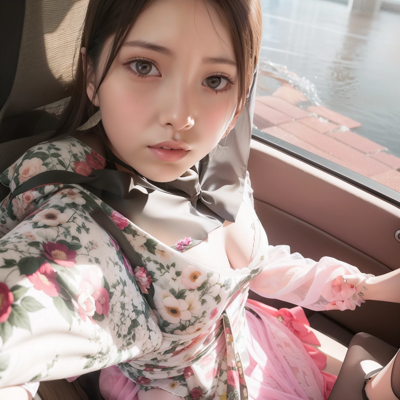 (1girl in:1.3)、photos realistic、Photorealsitic:1.4 Official art、ultra-detailliert、Beautiful and aesthetic、Beautiful fece、masterpiece、top-quality、sitted、Spread your legs、hand behind head、 Colossal tits、lare breasts、spread fingers、no brassiere、ee -through, M-shaped legs,