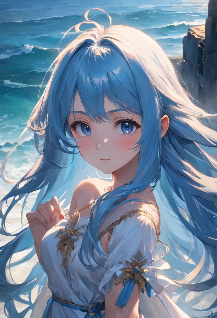 (Masterpiece, Elaborate Beautiful Eyes: 1.2), (Light Blue Hair: 1.2), (Zephyr's Eye Color: 1.1), Long Hair, Straight Hair, (Black Tank Top: 1.2), Realistic Lighting, Beautiful Lighting, Ray Tracing, Photorealistic, (Hyperrealistic: 1.2), High Resolution, 4K, 8K, (Highly Detailed CG, 8K Wallpaper: 1.1), Very elaborate and sharp digital illustrations, detail, realism, beautiful faces, very elaborate faces, ultra-realistic, masterpieces, detailed eyes, super detail, volume lighting, realistic shadows, intricate details, details, cheerful, smile, (white hat: 1.2)), silver necklace, high heels, (On the Beach: 1.2),