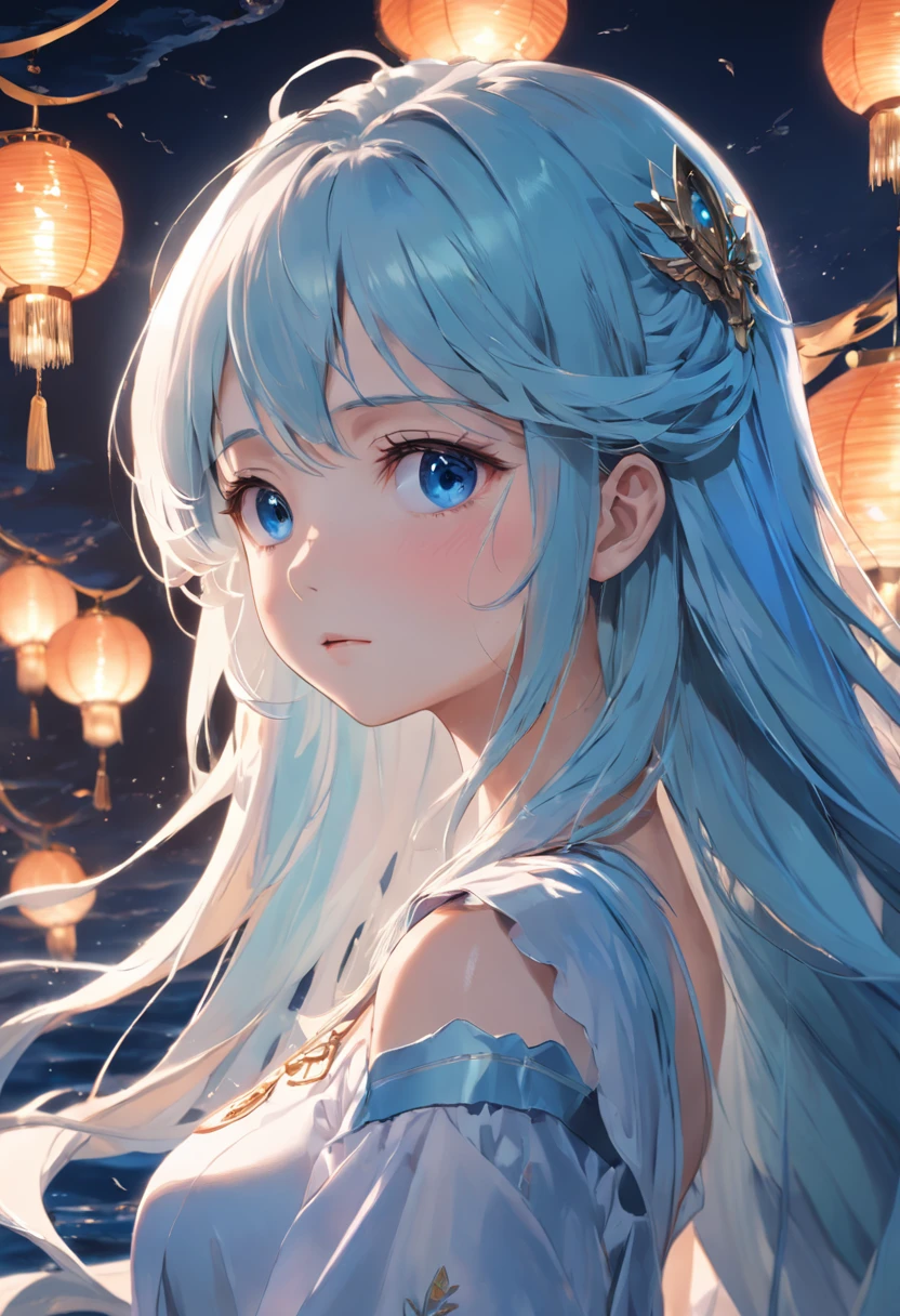 The best quality, high resolution, Detailed 4K CG, Masterpiece, amazing art, Fine details,exquisite facial features,Unforgettable face, High details, Complex details, Blue long hair, Girly feeling, Big eyes, Pure desire, Lovely, Young and beautiful, Immortal,Flying ,, Light and shadow, Light,Gorgeous clothes,Sea,