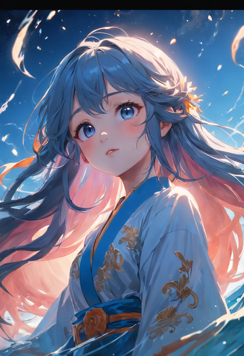 The best quality, high resolution, Detailed 4K CG, Masterpiece, amazing art, Fine details,exquisite facial features,Unforgettable face, High details, Complex details, Blue long hair, Girly feeling, Big eyes, Pure desire, Lovely, Young and beautiful, Immortal,Flying ,, Light and shadow, Light,Gorgeous clothes,Sea,