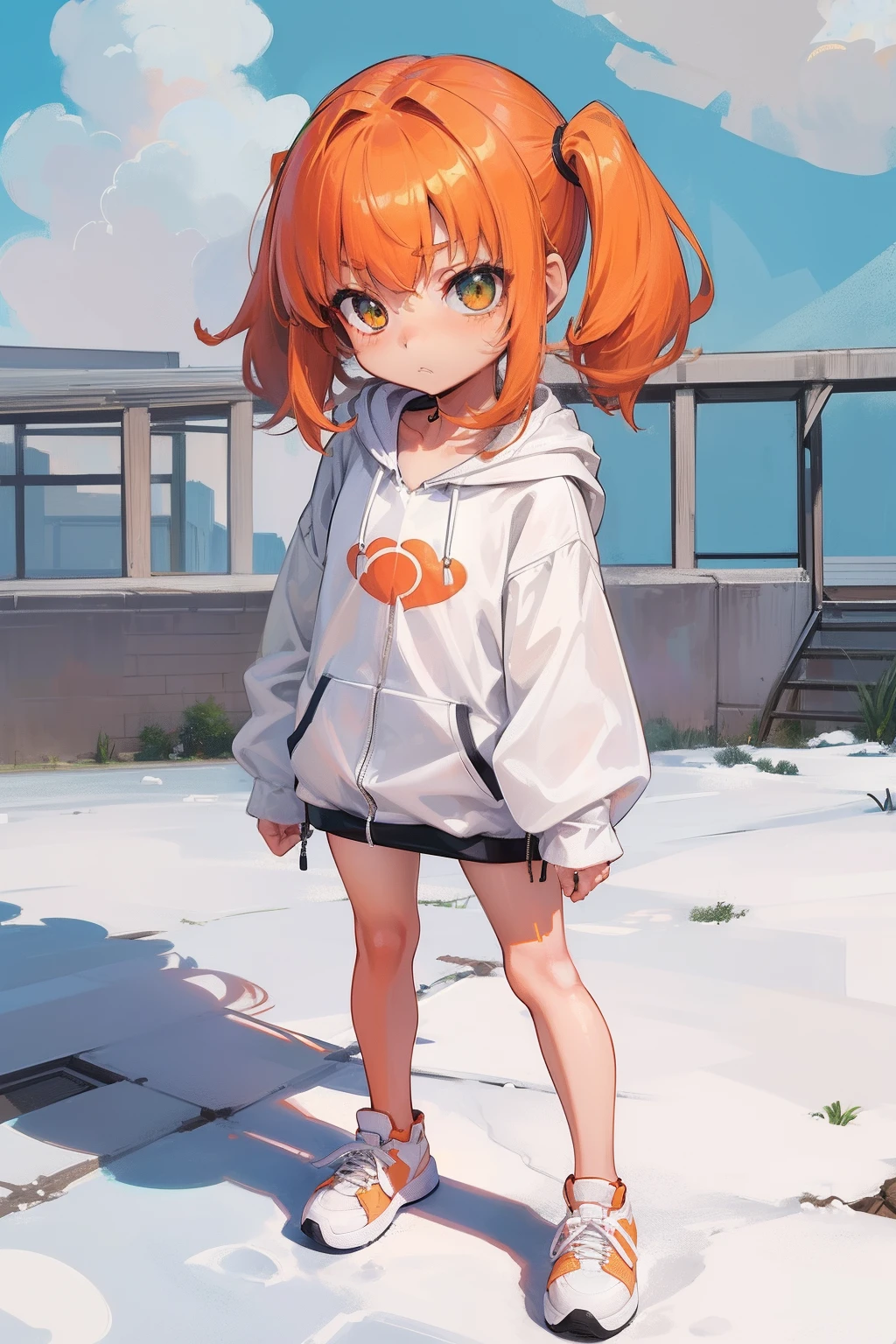 6--old l, ((Little .2)), Layered Twintail orange Hair, green eyes, ((slender legs:1.4)), ((Skinny:1.2)), ((child:1.5)), Petite, flat chest, No chest, ((bare legs:1.2)), immature, (((oversized cotton Zip Hoodies:1.2))), (loli), Large Sneakers, anguish, rooftop, Delicate Beautiful Attractive Face, gleaming skin, ((oily skin)), (Highest Quality, Amazing Details:1.25), (Solo:1.3), Best Shadows, super detailed skin, perfect anatomy, masterpiece,