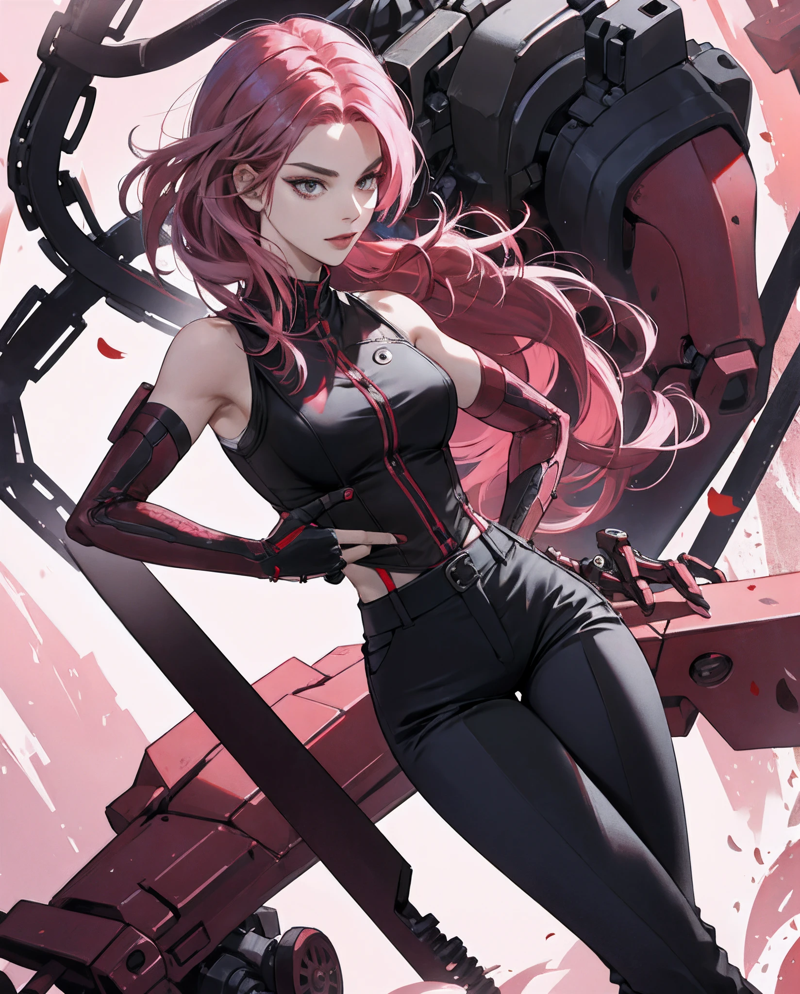 Aife, woman, mechanical arm, scarlet pink hair, masculine, sleeveless, black pants