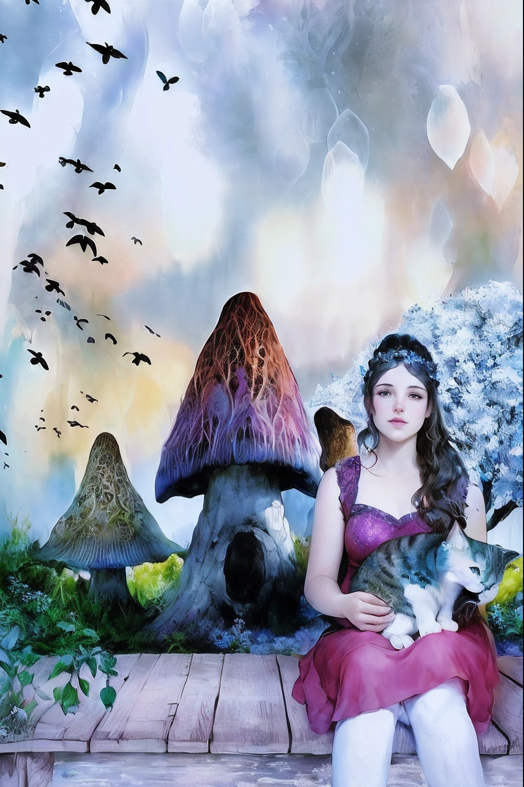 There is a woman sitting on a bench with a cat and a mushroom, Magical fairy background, with magical creatures, fantasy fairytale story, Perdidos em uma paisagem de fadas sonhadoras, inspirado em Alison Kinnaird, fae adolescente, atmosfera de fadas, Aquarela de fantasia, magical forest backround, Fantasia pintura Aquarela, Aquarela tipo de oleo do personagem de fantasia, in the magical forest