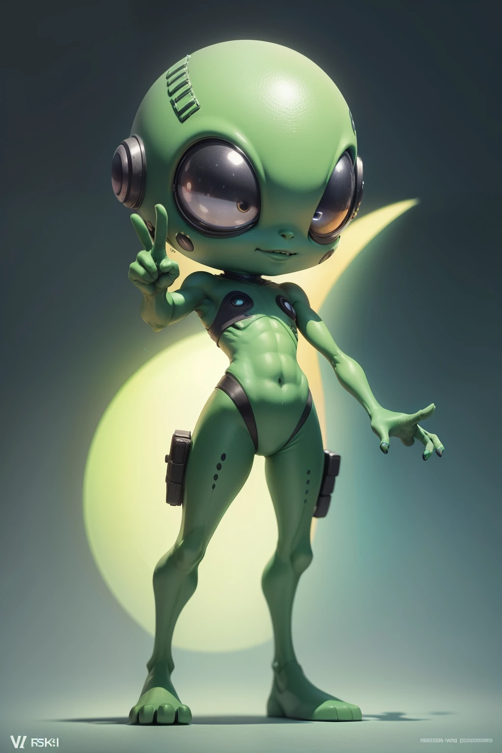 create an alien, cartoon style, green, cheerful, making a V sign with one hand, full body, 8k