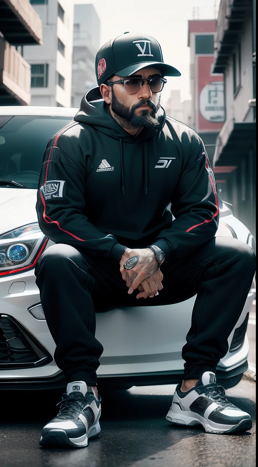 Hispanic cool man, little beard, Black and white streetwear, Leaning on the navy blue Ford Focus ST hatchback