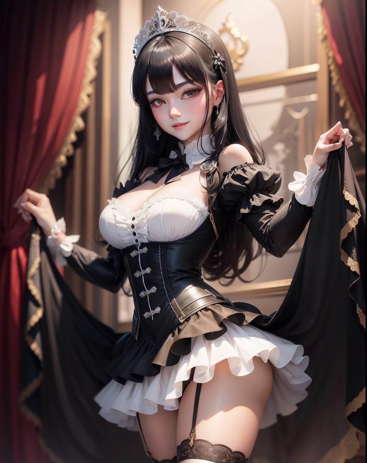 black hair, smile, black lence stockings, Short white dress, Lolita prostitute, 二重まぶた, Beautiful and refined appearance。, tiara, rococo style, high detail, modern, bloom, image fill, stereogram, cowboy shot, first-person view, foreshortening, diffraction spikes, 8k, super detail, textured skin, masterpiece