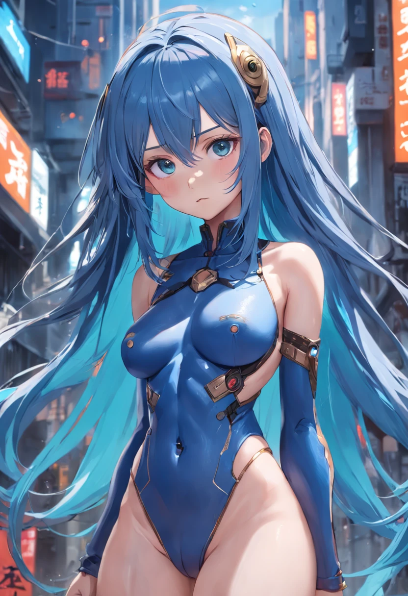 The best quality, high resolution, detailed 4k CG, masterpiece, amazing art, fine details, high details, complex details, blue long hair, girly feeling, big eyes, pure desire, lovely, young and beautiful,Beauty with pubic hair,Expose navel,Shy girl,Big chest,Untidy clothes,Cyberpunk, mecha girl, mechanical body