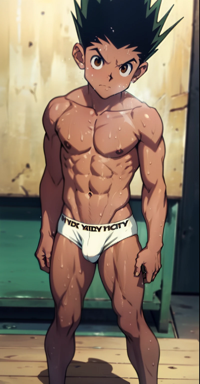 full body,  boy anime , topless, shirtless, cute baby face, y, huge strong thigh muscles, muscular arms, sweat dripping, wearing triangle underwear  , underwear bulging due to genitals, white underwear, hands behind back (photo angle from bottom up)