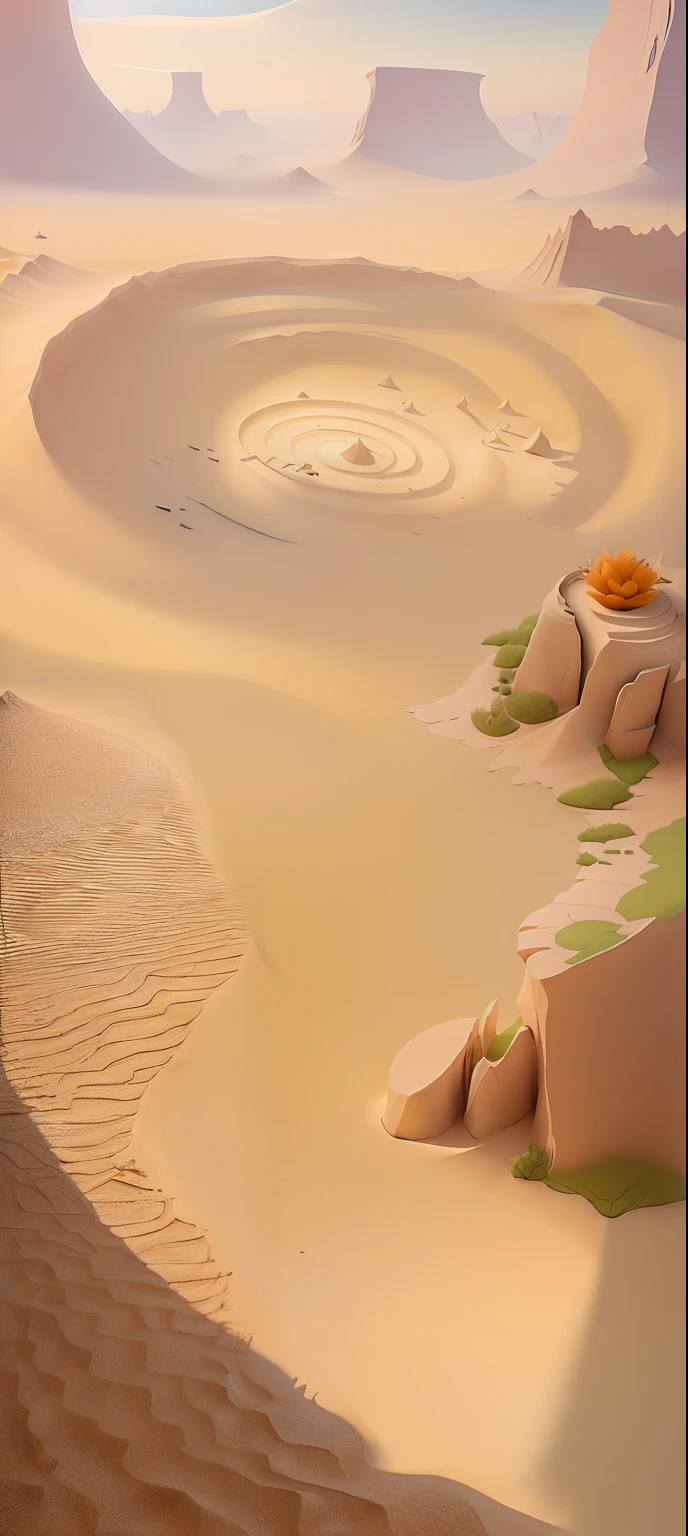 There is a cartoon picture of the desert,There is a pond in the middle, stylized as a 3d render, 3 d render stylized, stylized 3d render, sand and desert environment, Stylized concept art, stylized shading, Desert environment, Stylized game art, in a serene vast desert, Stylized 3 D, Sand desert fantasy