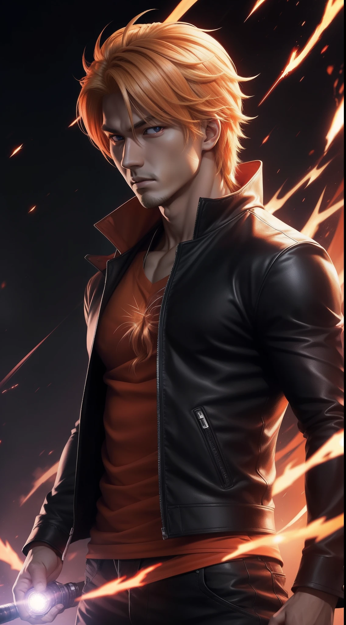Hot profile picture, masterpiece, extremely accurate rendering, cool handsome Kurosaki Ichigo, blond hair, looking at viewer, solo, reliable, savior of the world, simple design, beautiful image best, 8K, light red eyes, original orange clothing style according to the characters in the story, reflecting the red and purple sparks on the chest.