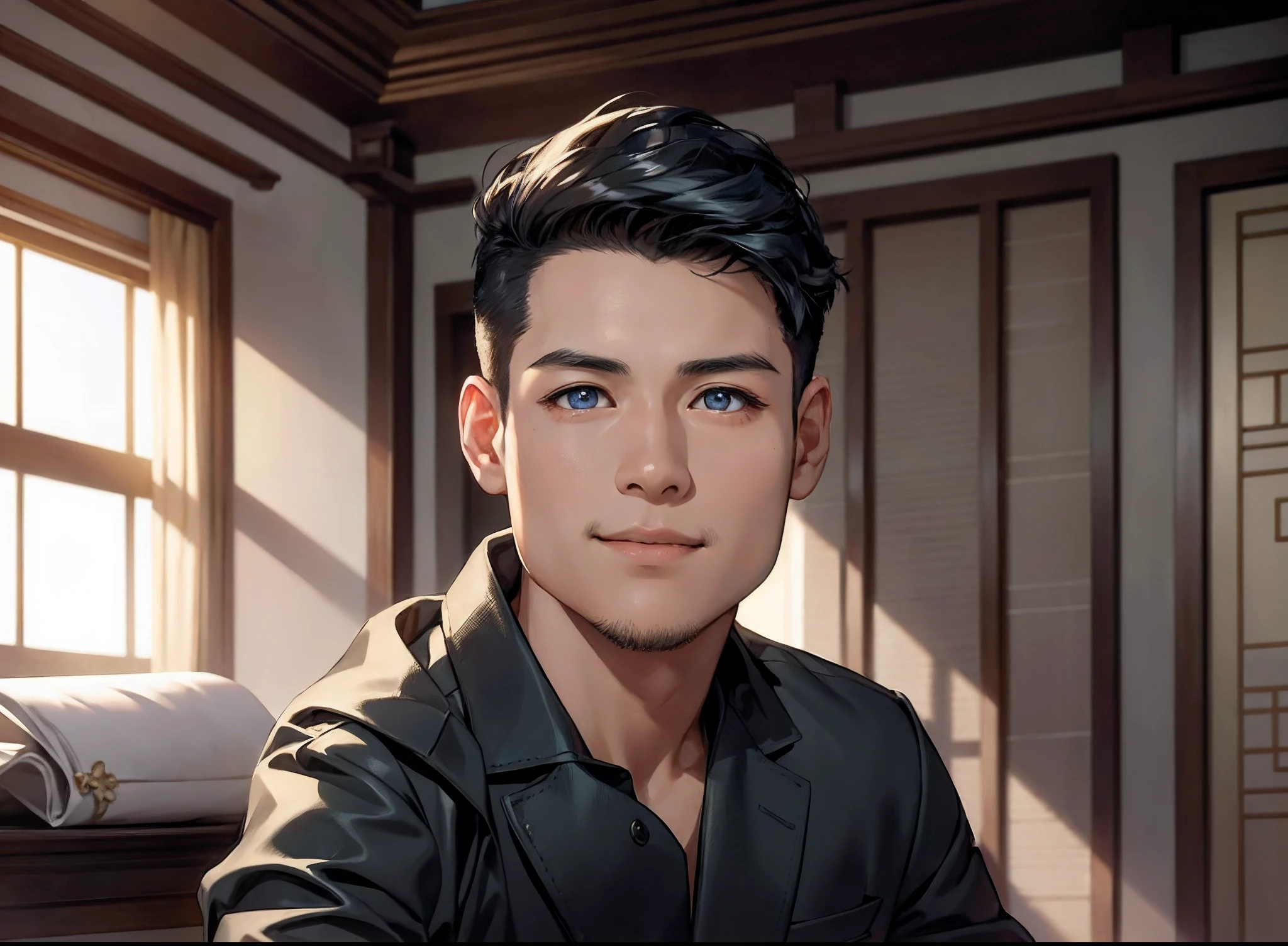 （hoang lap，A high resolution，hyper-detailing，HDR），tmasterpiece，best qualtiy，A boy with，Close up，独奏，handsome，short detailed hair，whaite hair，Fine eyes and detailed face，lounge suit，Real shadows，Scissorhands gesture，cheerfulness，rays of sunshine。