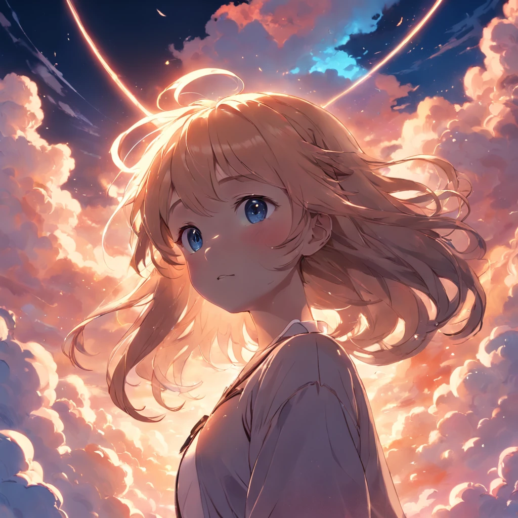 masterpiece, best quality, movie still, 1girl, cloud girl, floating in the sky, close-up, bright, happy, warm soft lighting, sunset, (sparks:0.7)