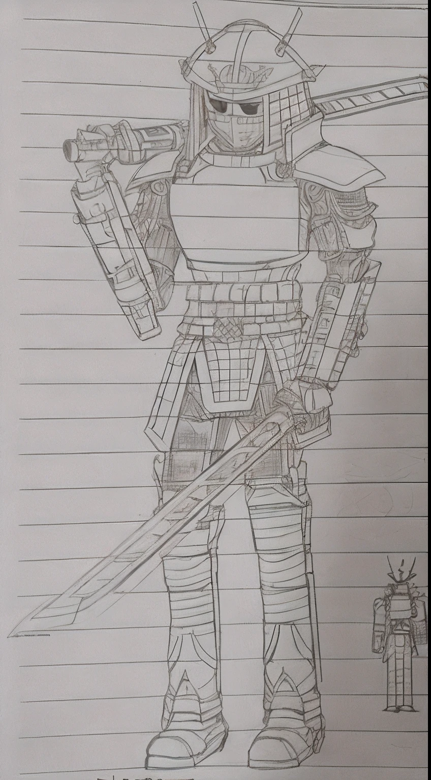 Sketch of a robot holding a sword, detailed full-body concept, segmented armor and sashimono, cyborg samurai, inspired by Kanō Hōgai, bio - mechanical ninja samurai, dressed in samurai armour, Cyberpunk Samurai, concept art of a warrior, Complex armor, intricate assasin mecha armor, full body concept