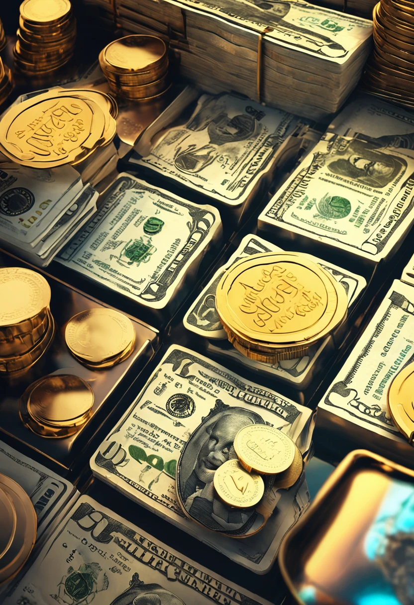 A magnet magnetically attracting dollar bills and gold coins, UHD, masterpiece, ccurate, super detail, high quality, highres, best quality, 4K