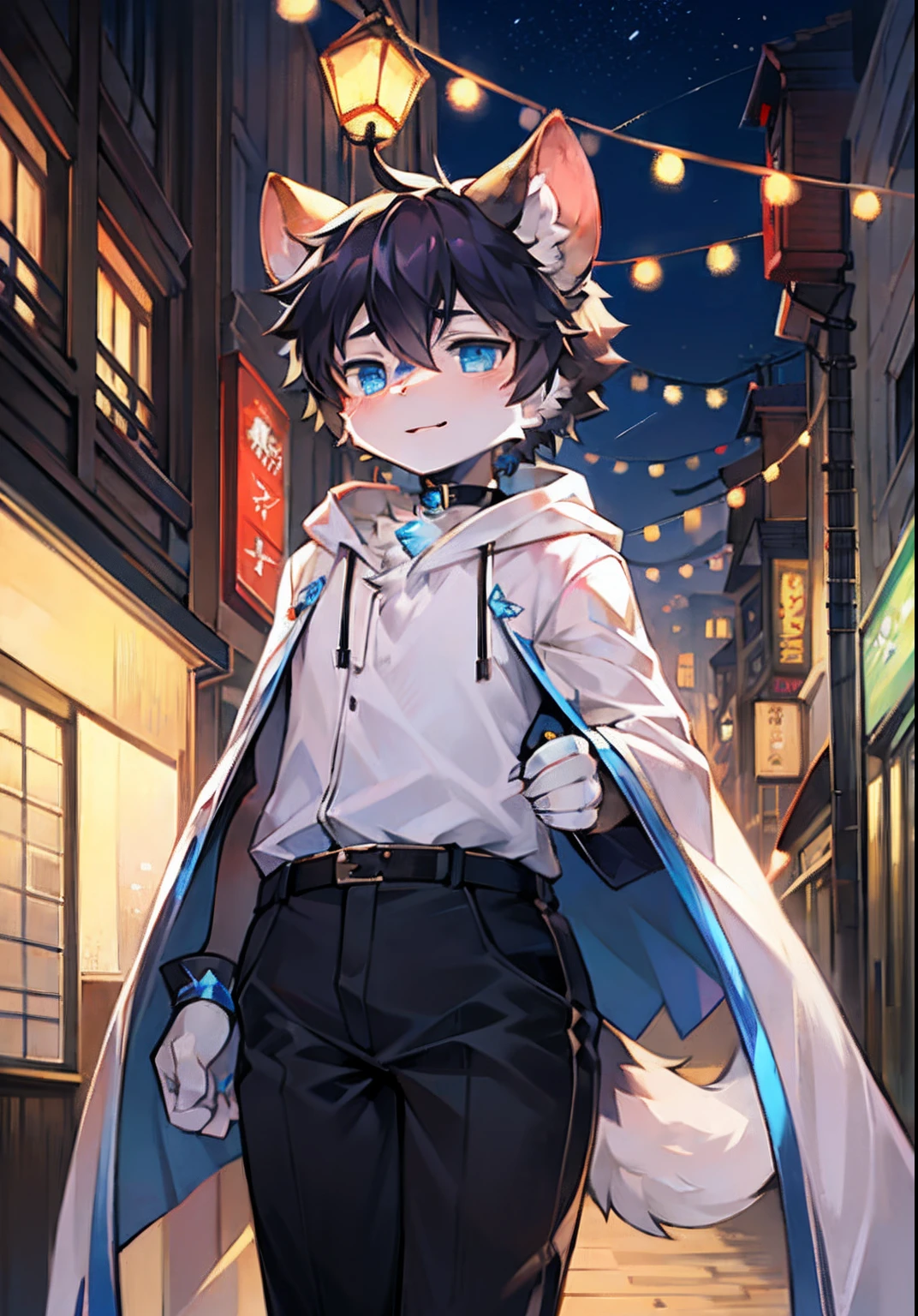 shaggy，furred，bodyfur，城市，the street，独奏，short- sleeved，BREAK BREAK BREAK，AOEU，AOEU，rodent，light blue furs，Off-white hair，Light blue eyes，eyes with brightness，Pure white cloak，Black  top，black long pants，Little male cat，Blue collar，Black hair is dyed，Big fluffy tail，Beast too