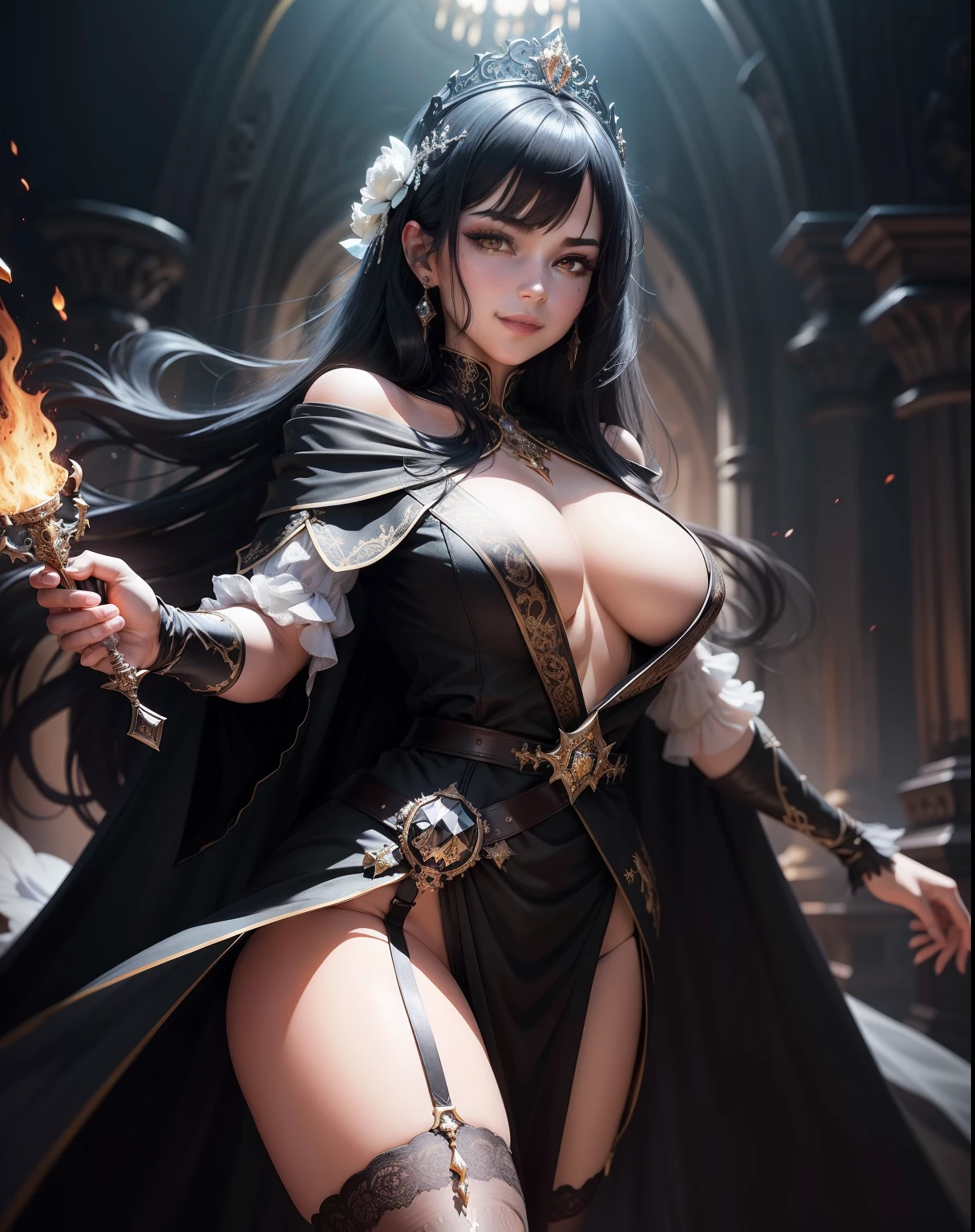 black hair, smile, black lence stockings, Beautiful and refined appearance。, tiara, Blood-colored knife, Helios ring, Black battle robes, Bumpy figure。, white sash, rococo style, high detail, modern, bloom, image fill, stereogram, cowboy shot, first-person view, foreshortening, diffraction spikes, 8k, super detail, textured skin, masterpiece